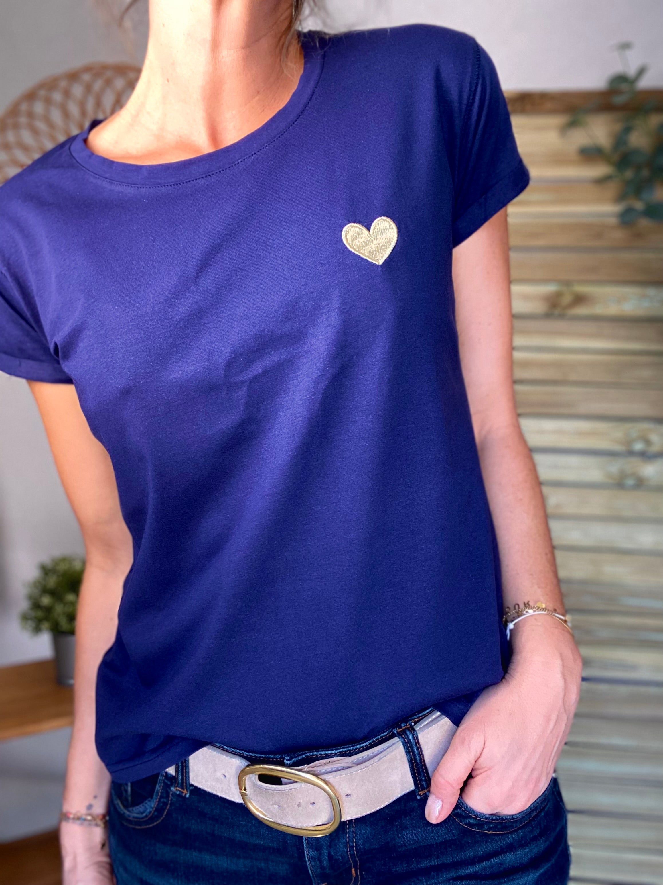 Tee shirt Marine cœur brodé doré PIA