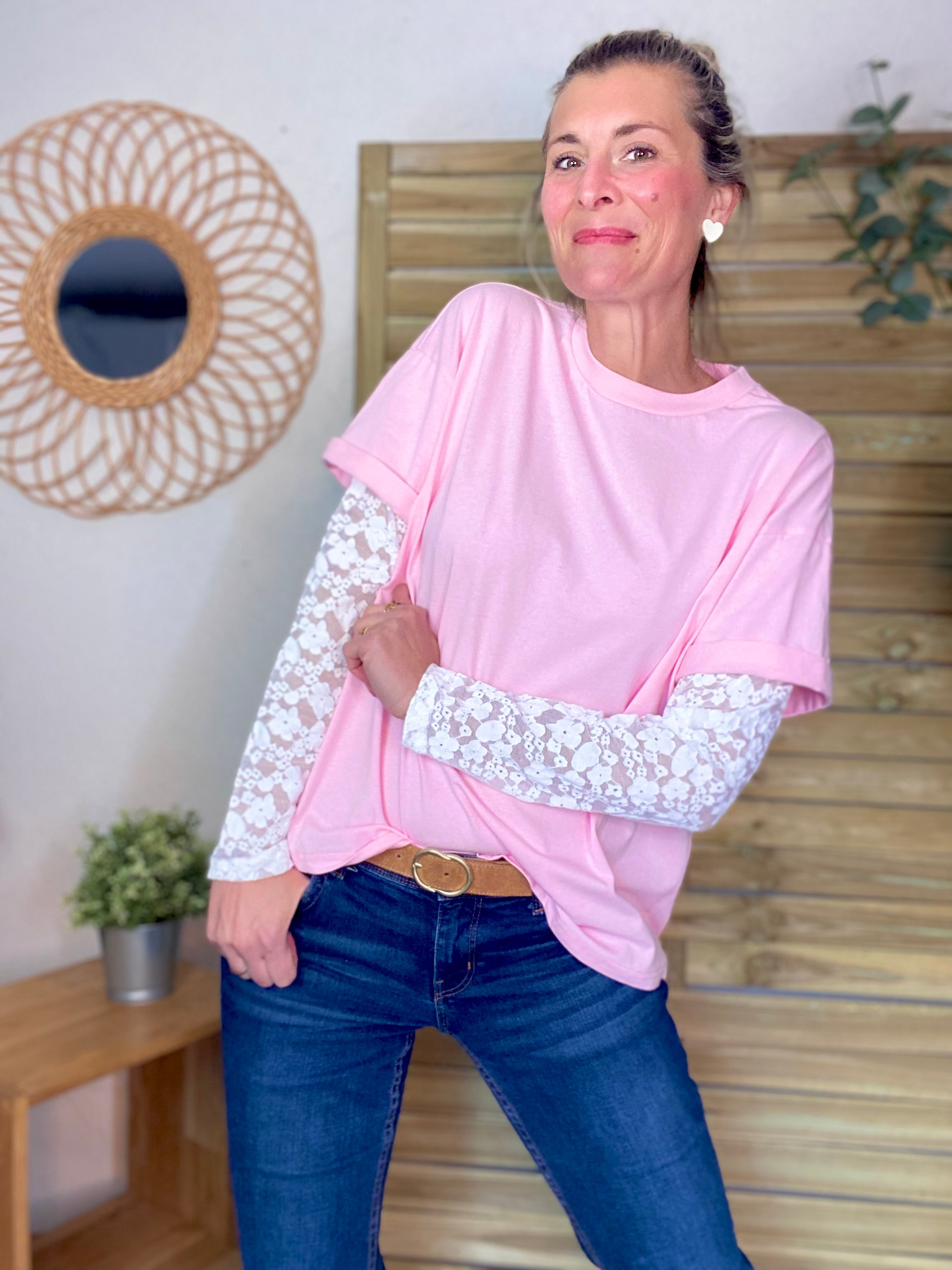 Tee shirt avec manches longues dentelle PAMELA - Rose