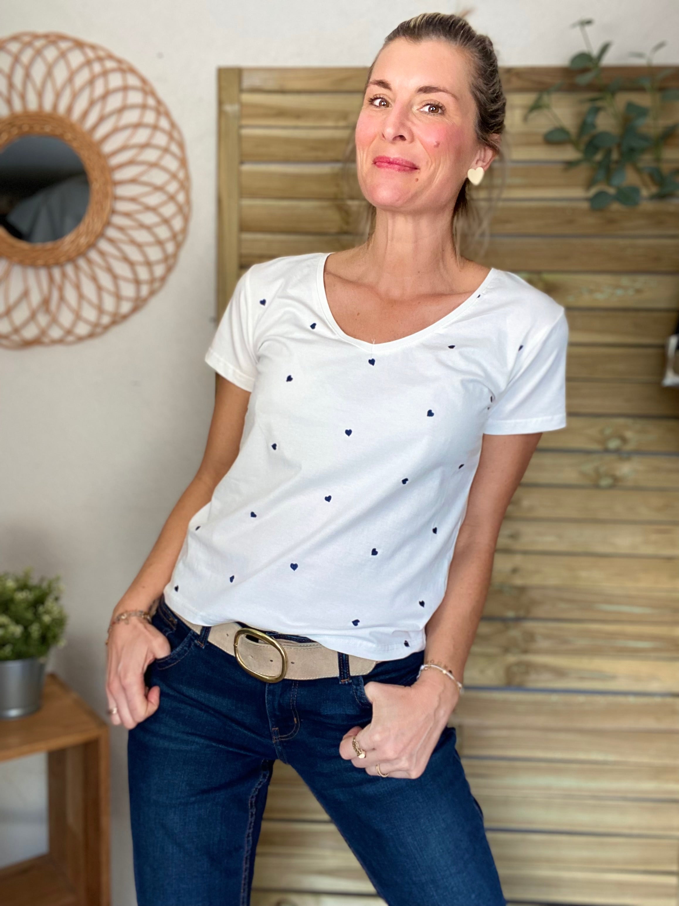 Tee shirt cœurs brodés bleu marine ENORA
