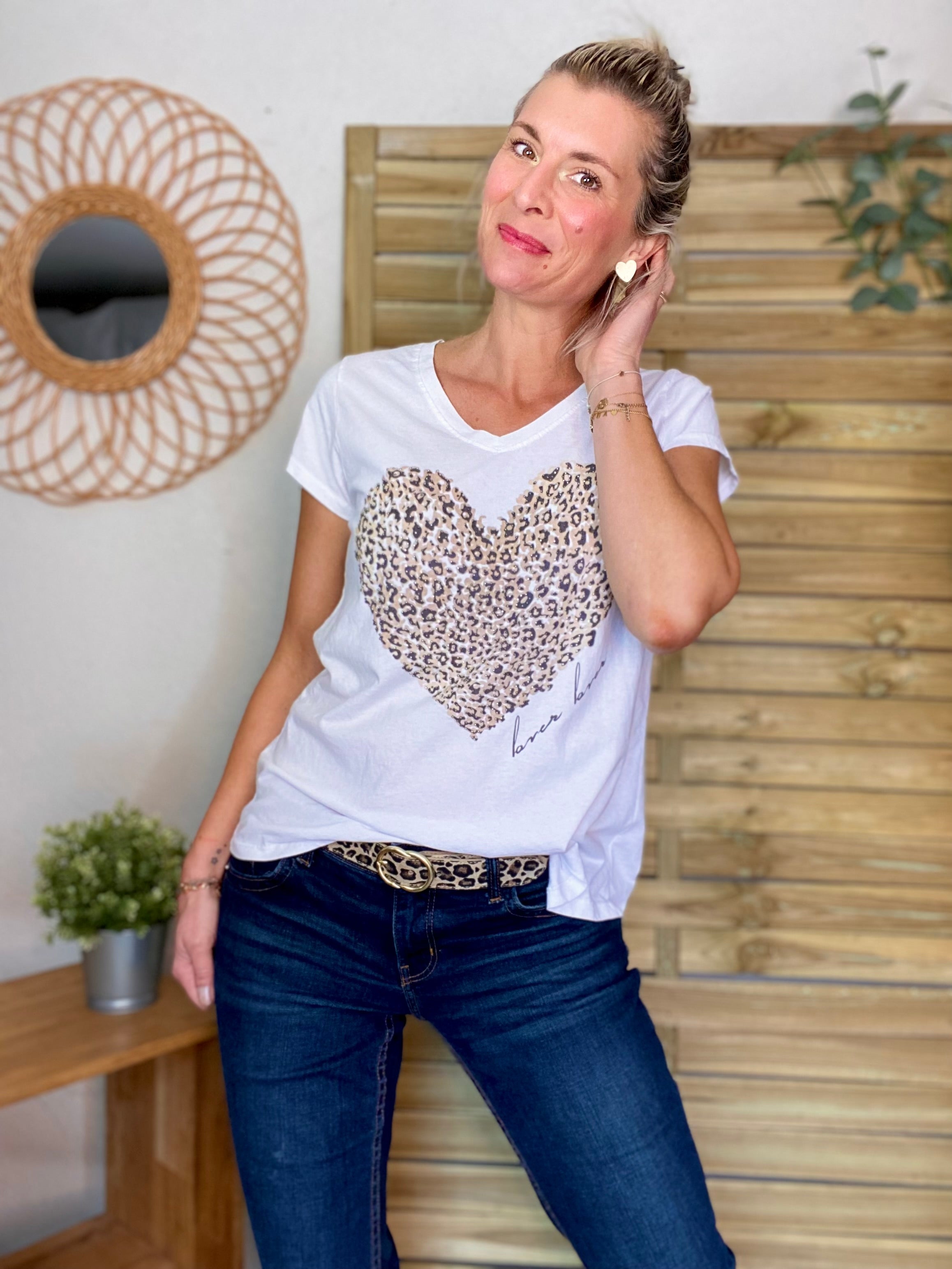 Tee shirt grand coeur léo et strass THALIA - Blanc