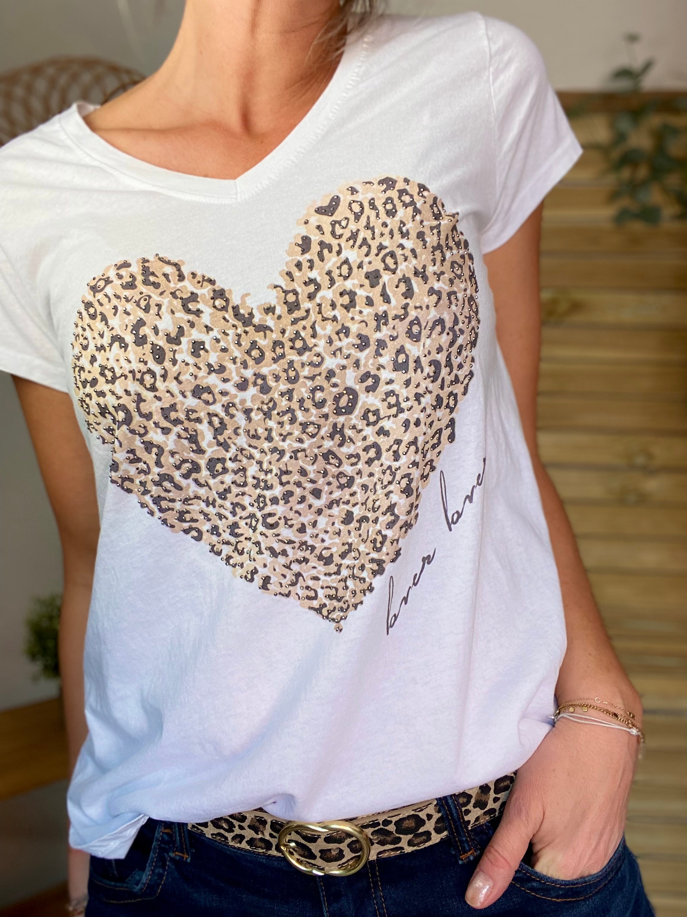 Tee shirt grand coeur léo et strass THALIA - Blanc