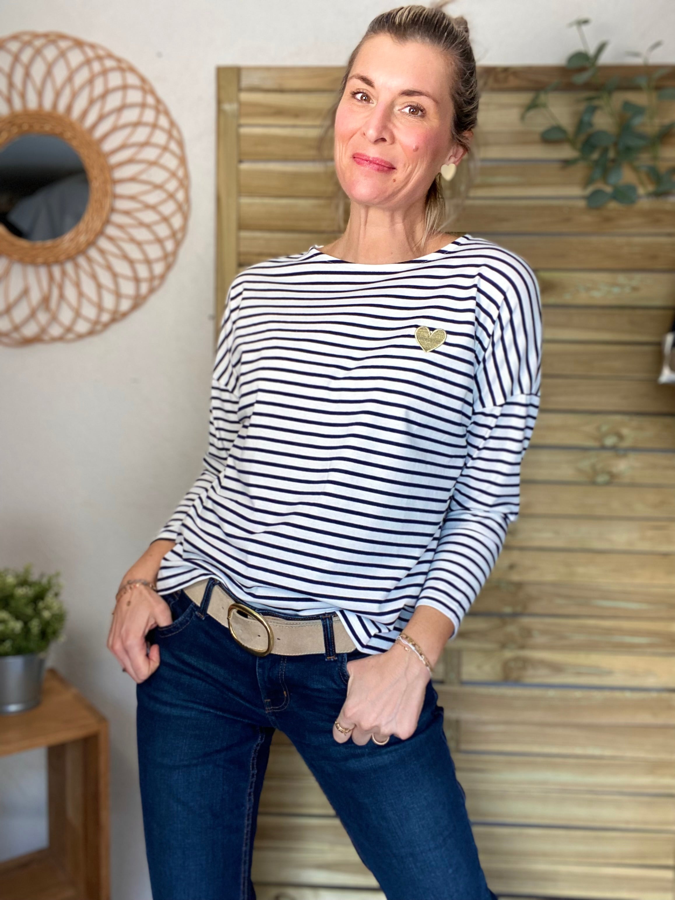 Tee shirt marinière cœur brodé doré MARINA