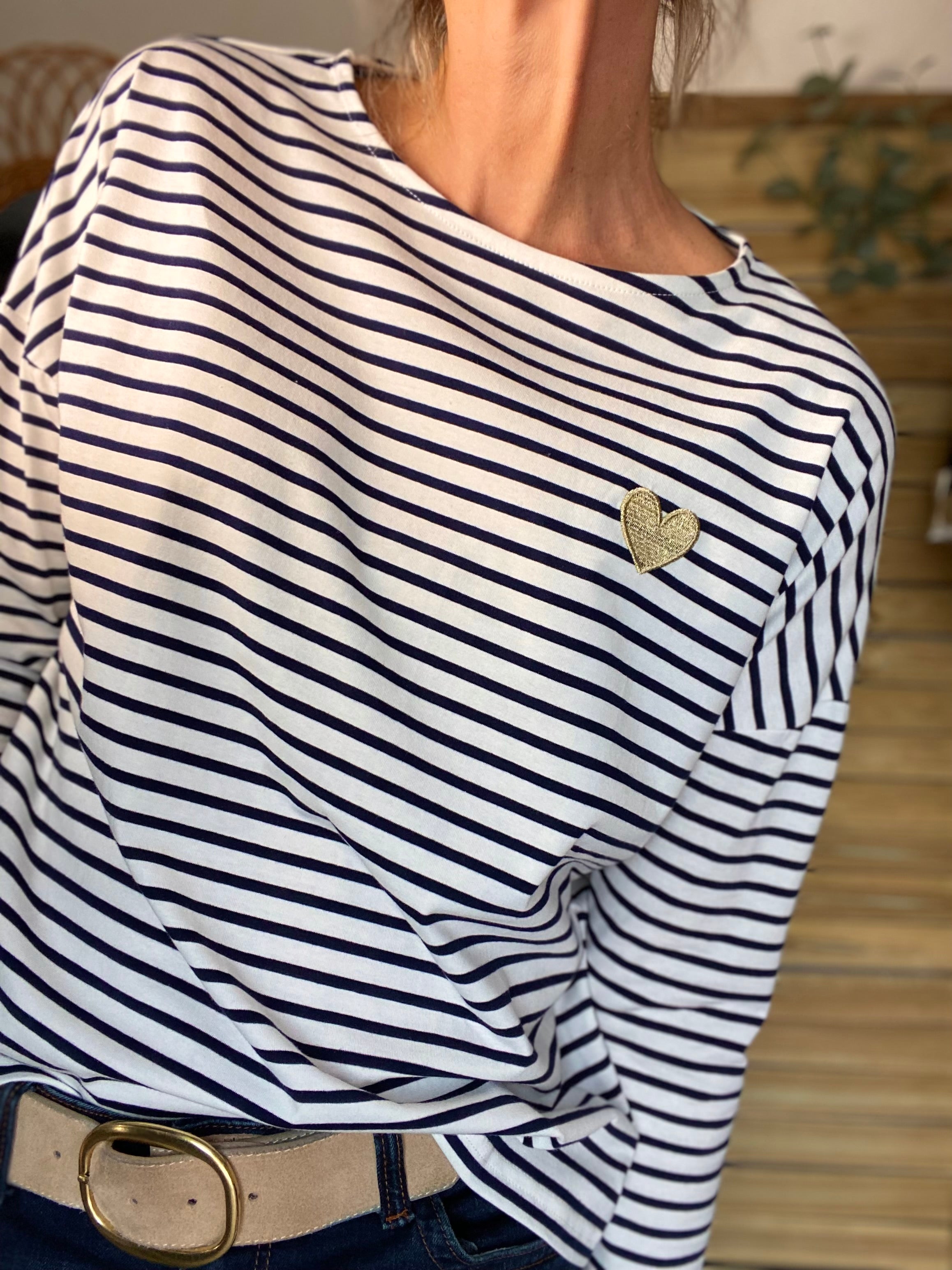 Tee shirt marinière cœur brodé doré MARINA