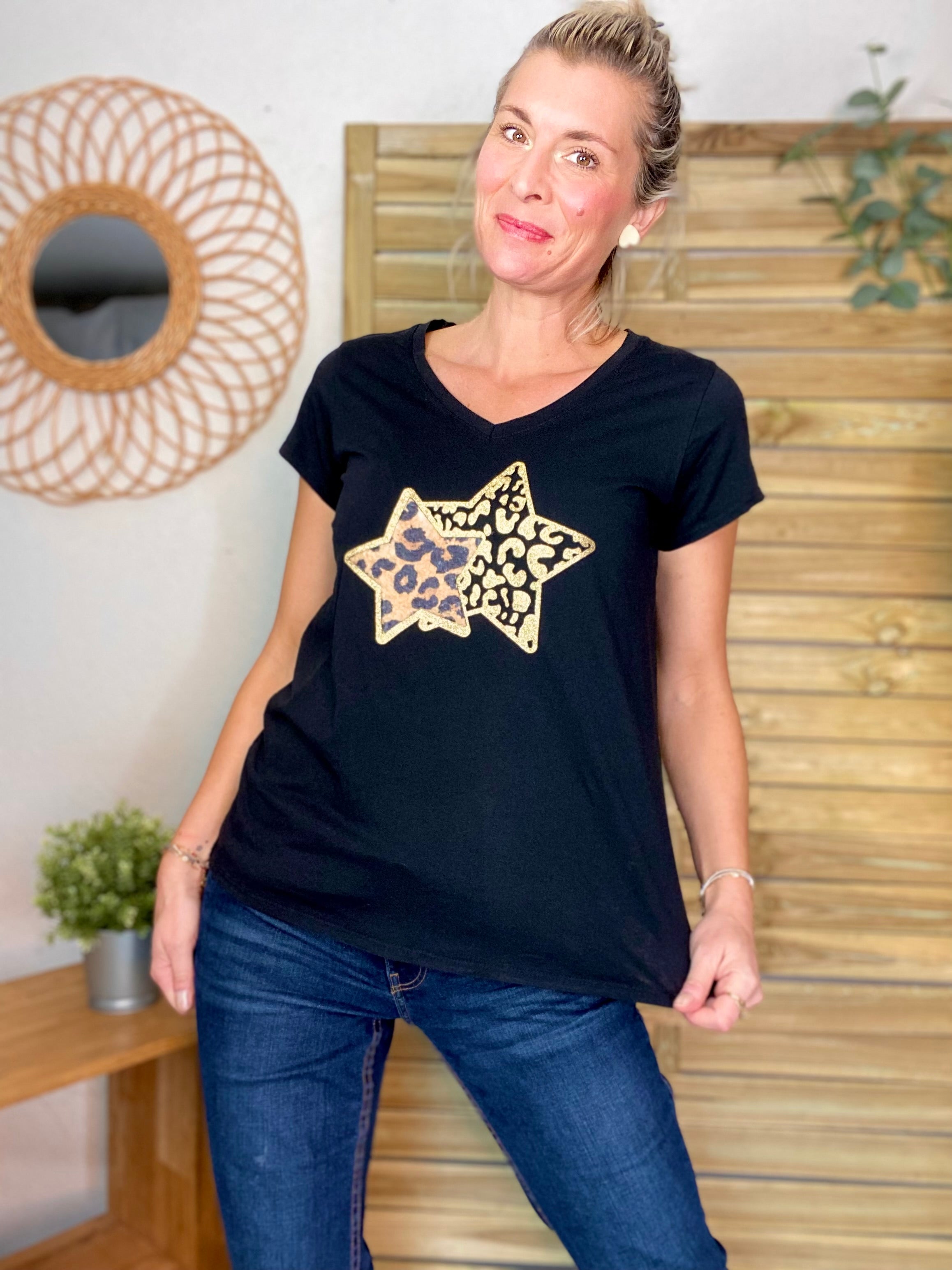 Tee shirt Étoiles dorées et léo TESSA - Noir