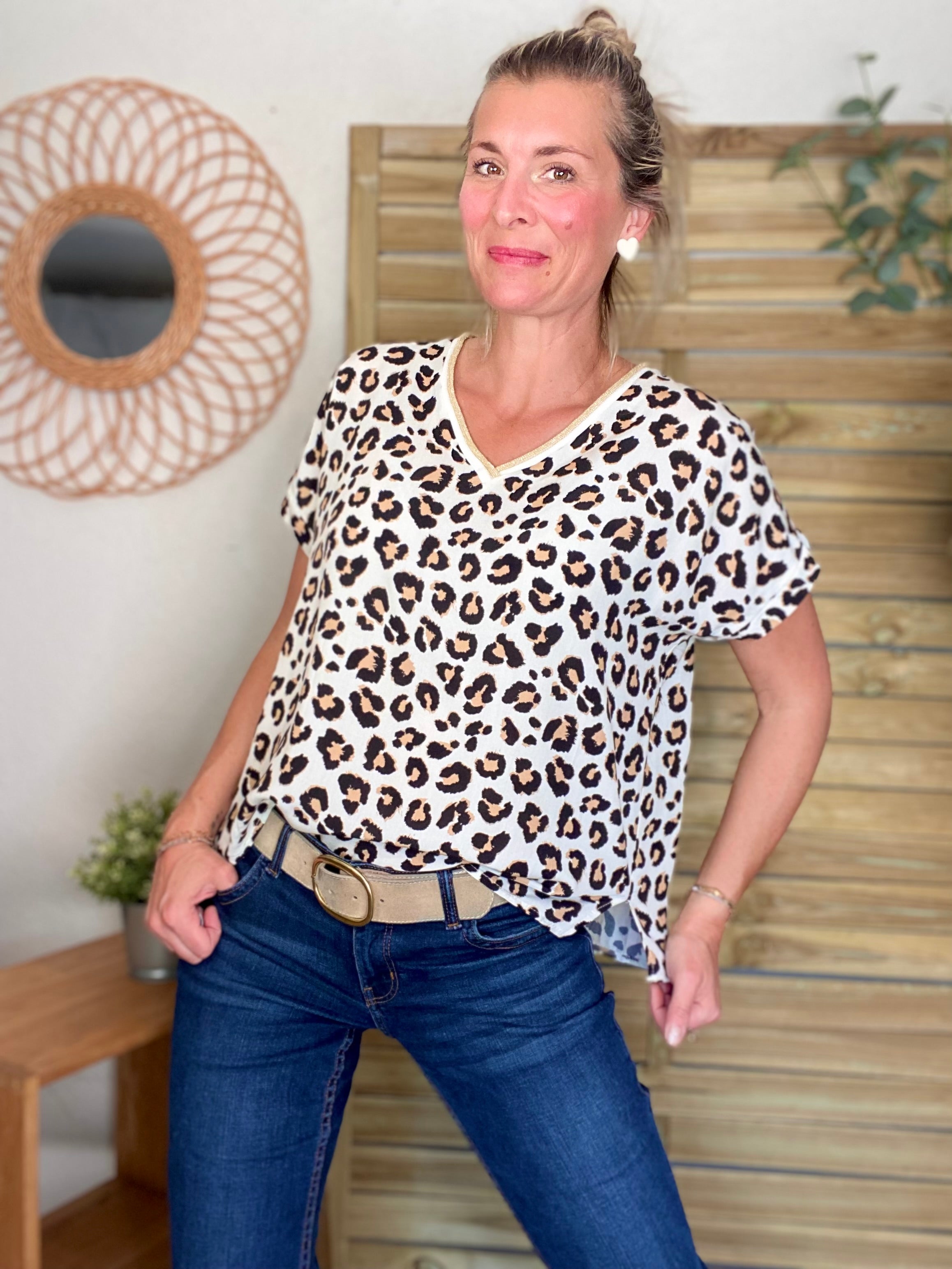 Top imprimé Léo col V avec lurex MISHA - Noir