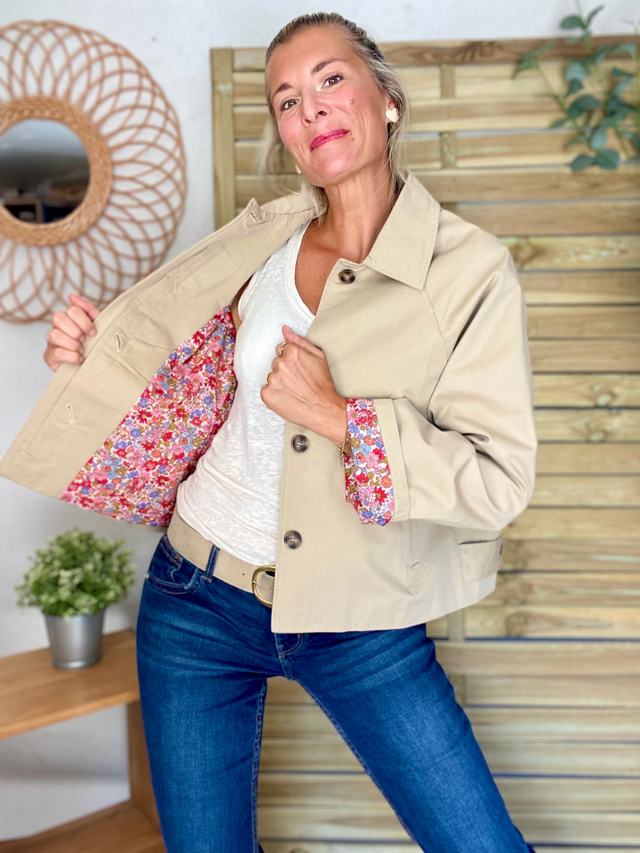 Veste Trench en coton beige avec Liberty - MAHAUT