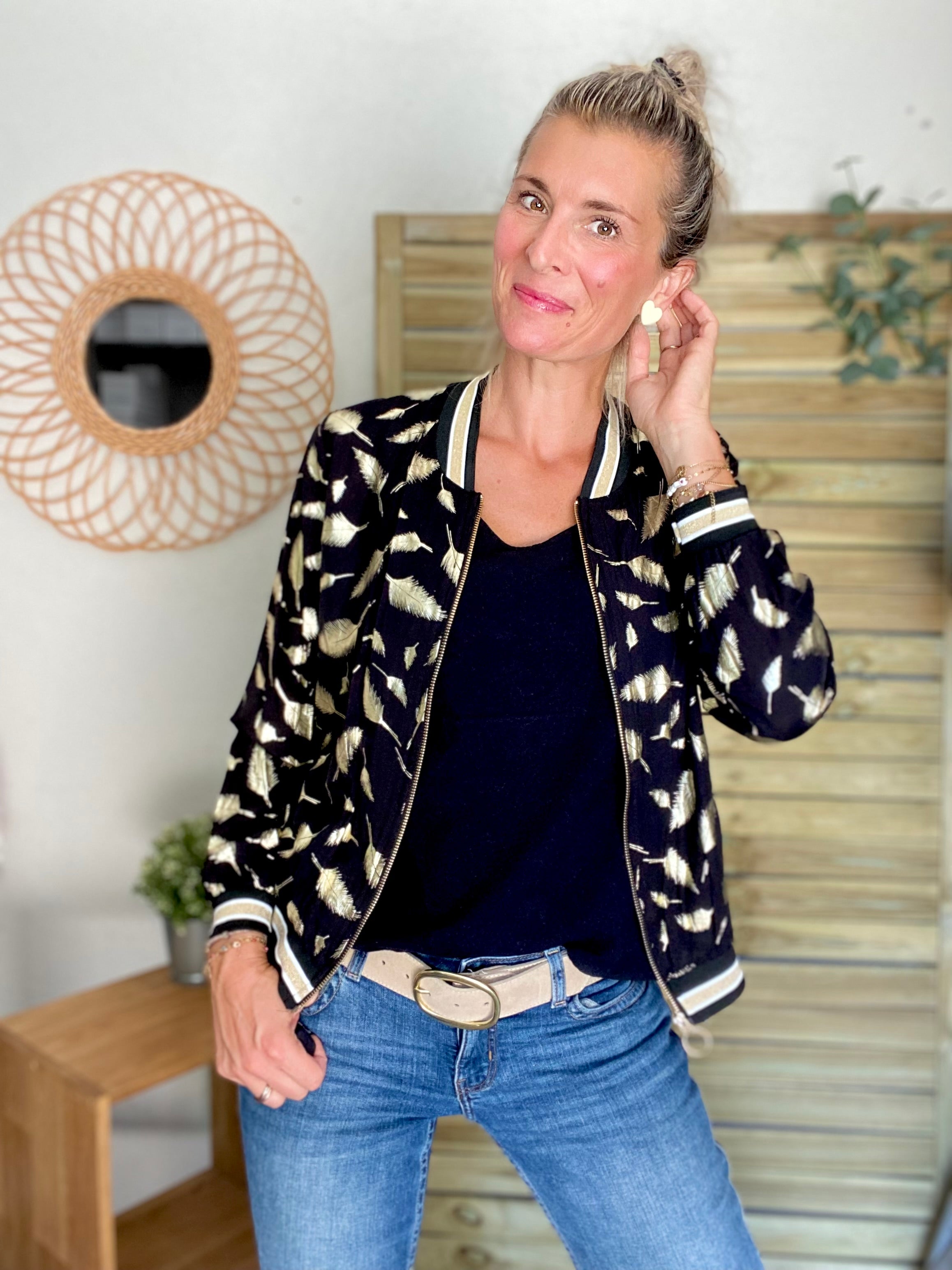 Veste bombers léger EMILY - imprimé Doré Noir (plumes)