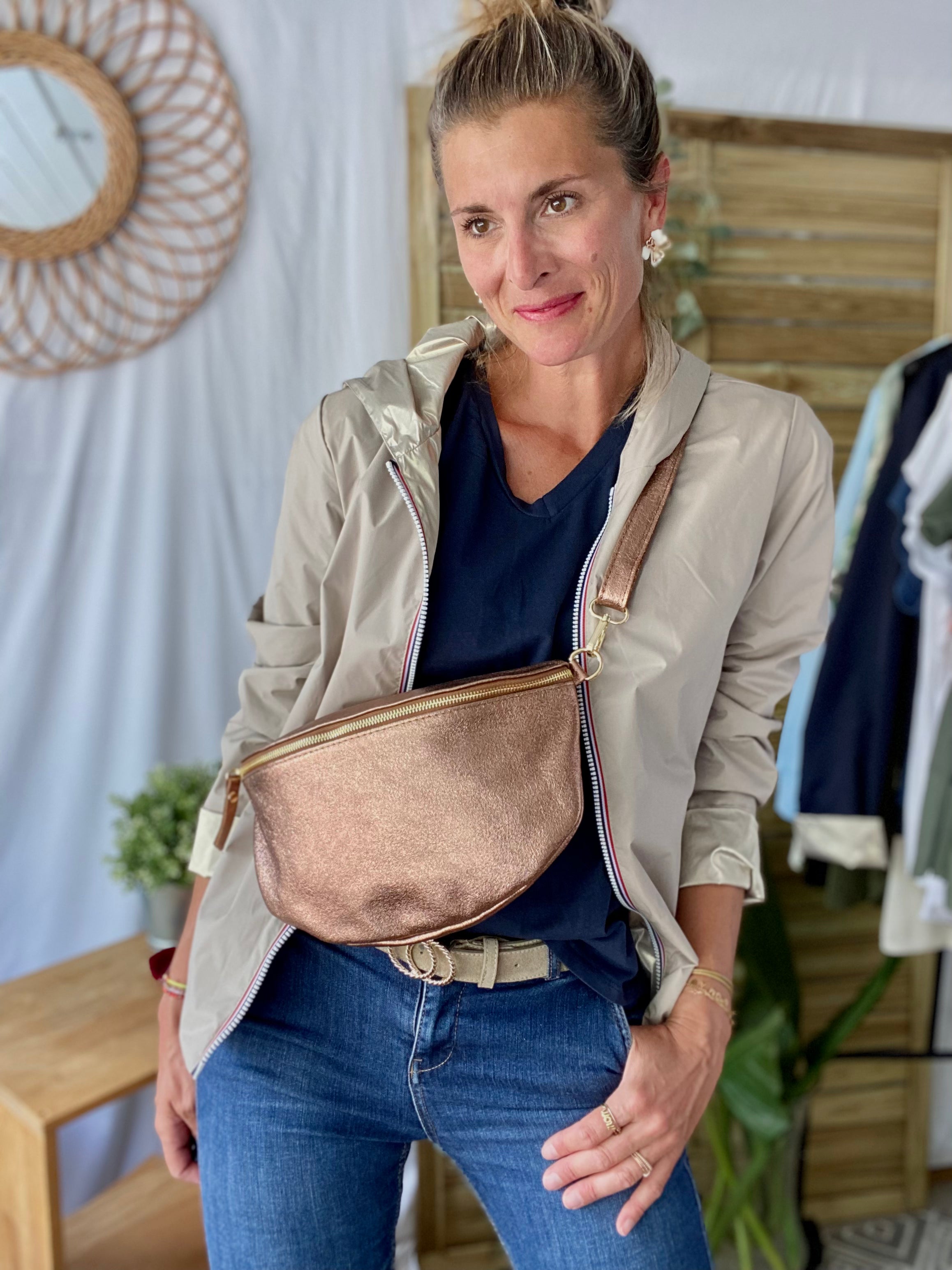 Sac banane XL en cuir irisé 30cm - JANIS - Or rosé