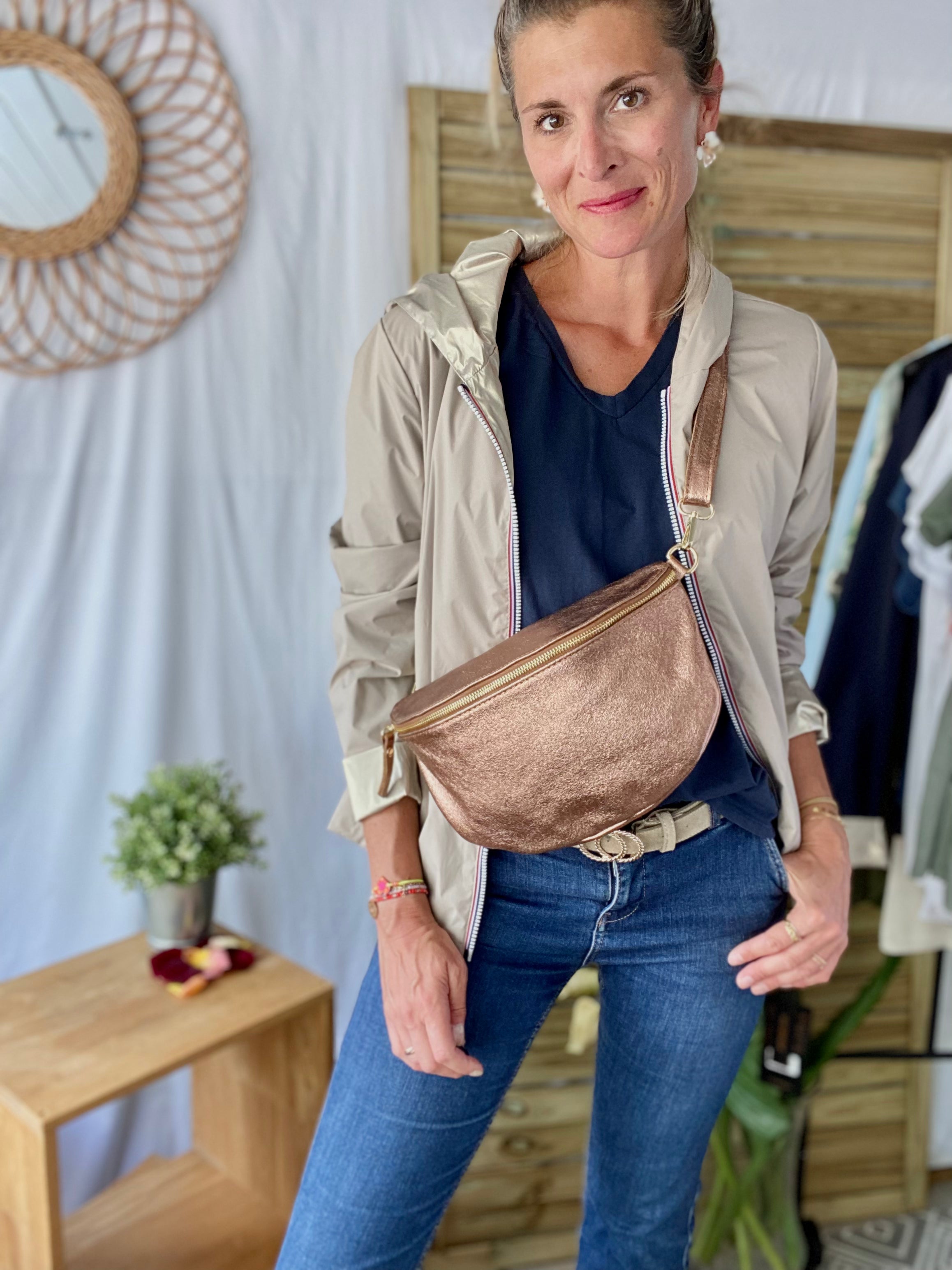 Sac banane XL en cuir irisé 30cm - JANIS - Or rosé