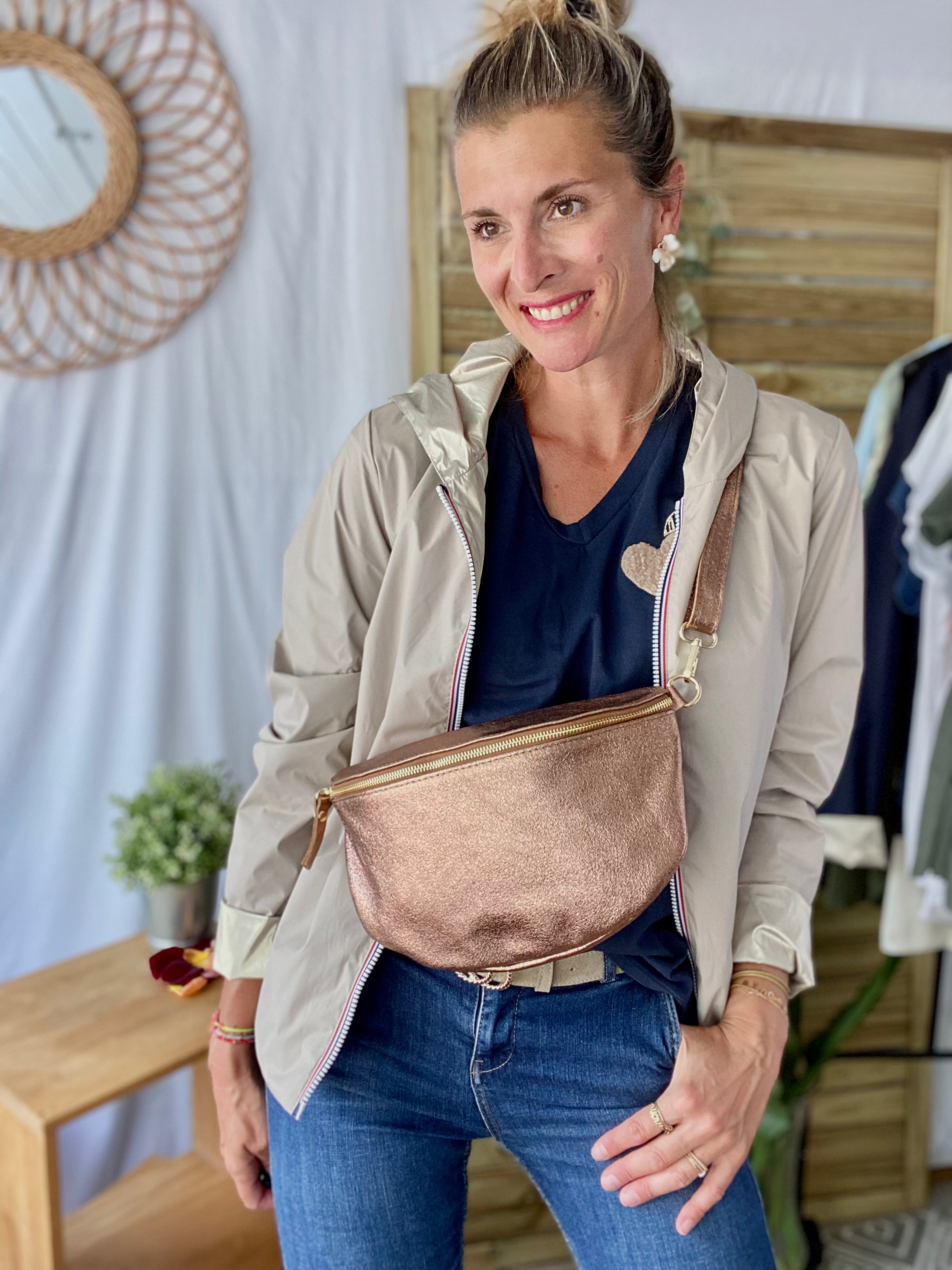 Sac banane XL en cuir irisé 30cm - JANIS - Or rosé