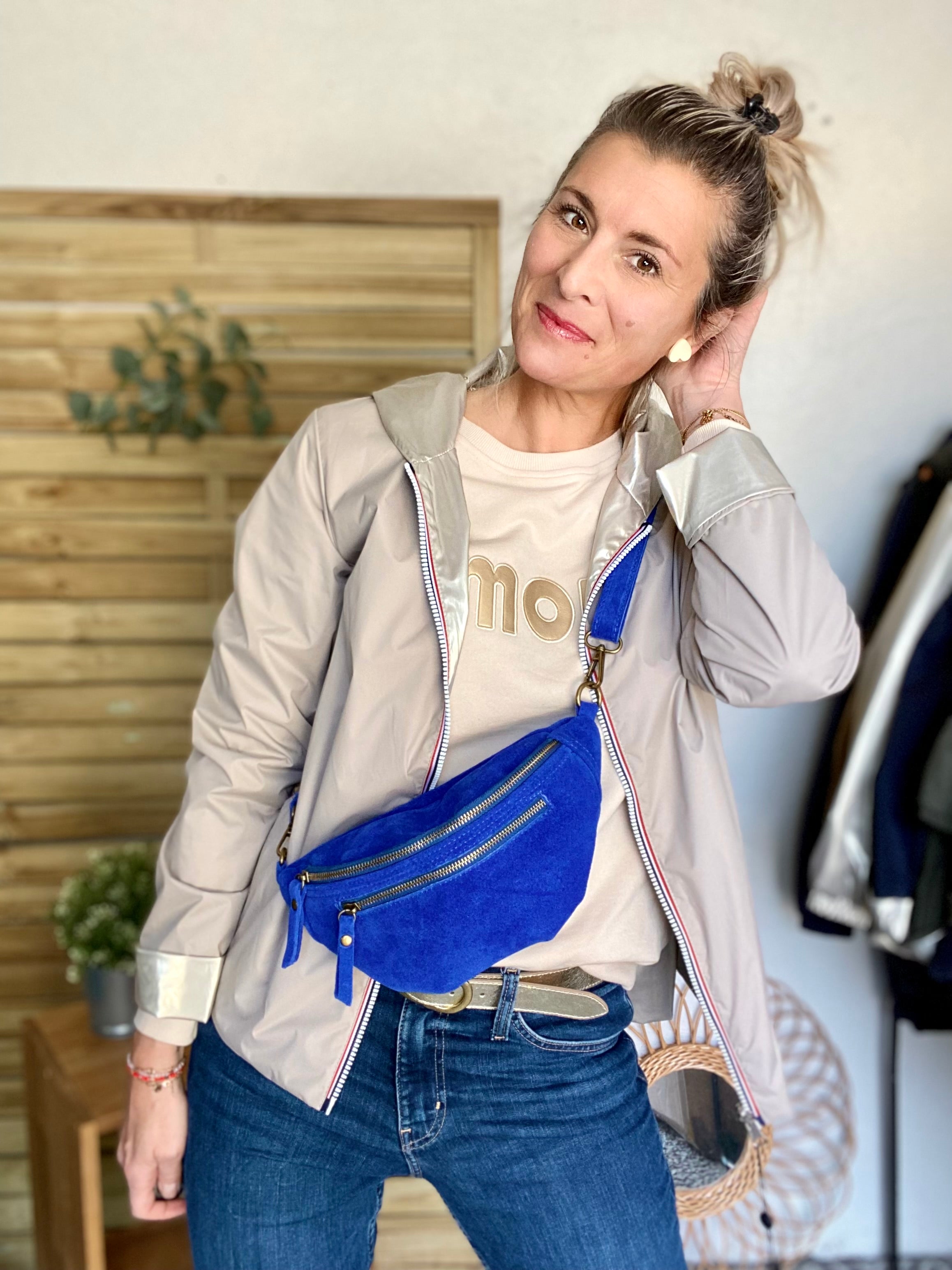 Sac banane double poche en cuir daim - OPALINE - Bleu roi (14 coloris)