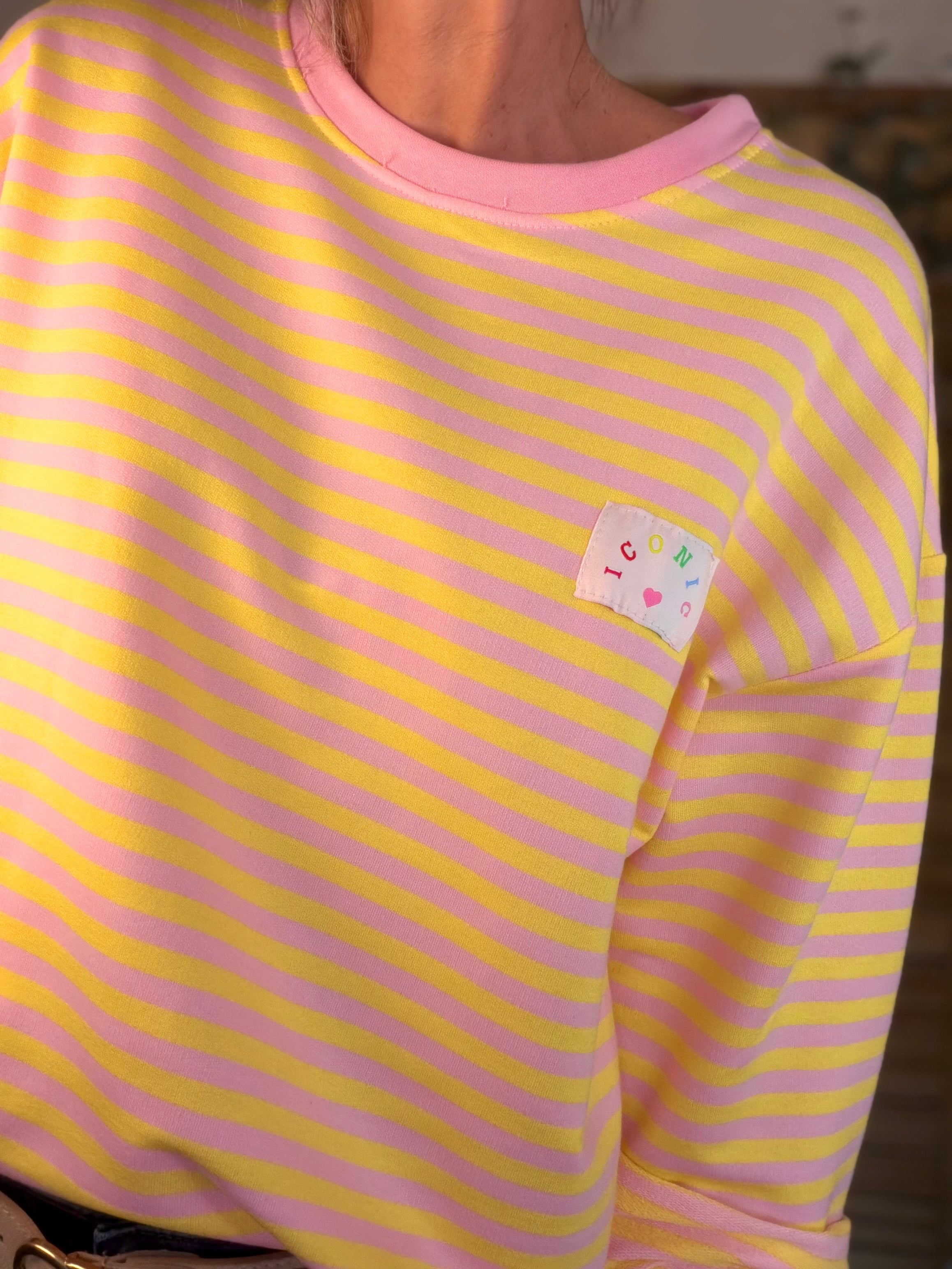 Sweat fin rayé ample Iconic CORALIE - Rose / Jaune