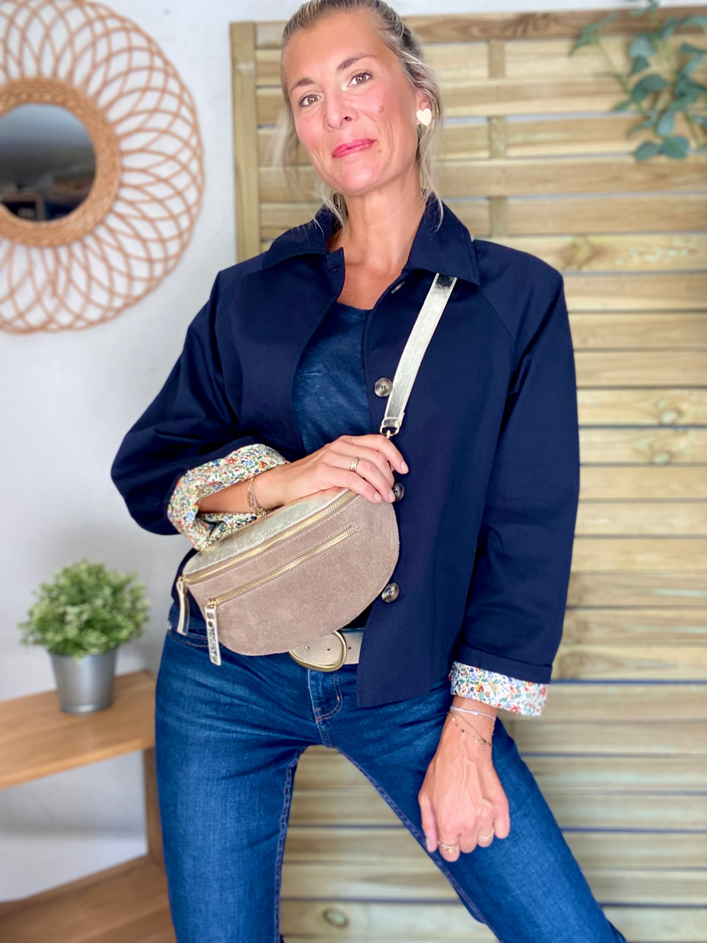 Veste Trench en coton bleu marine avec Liberty - MAHAUT