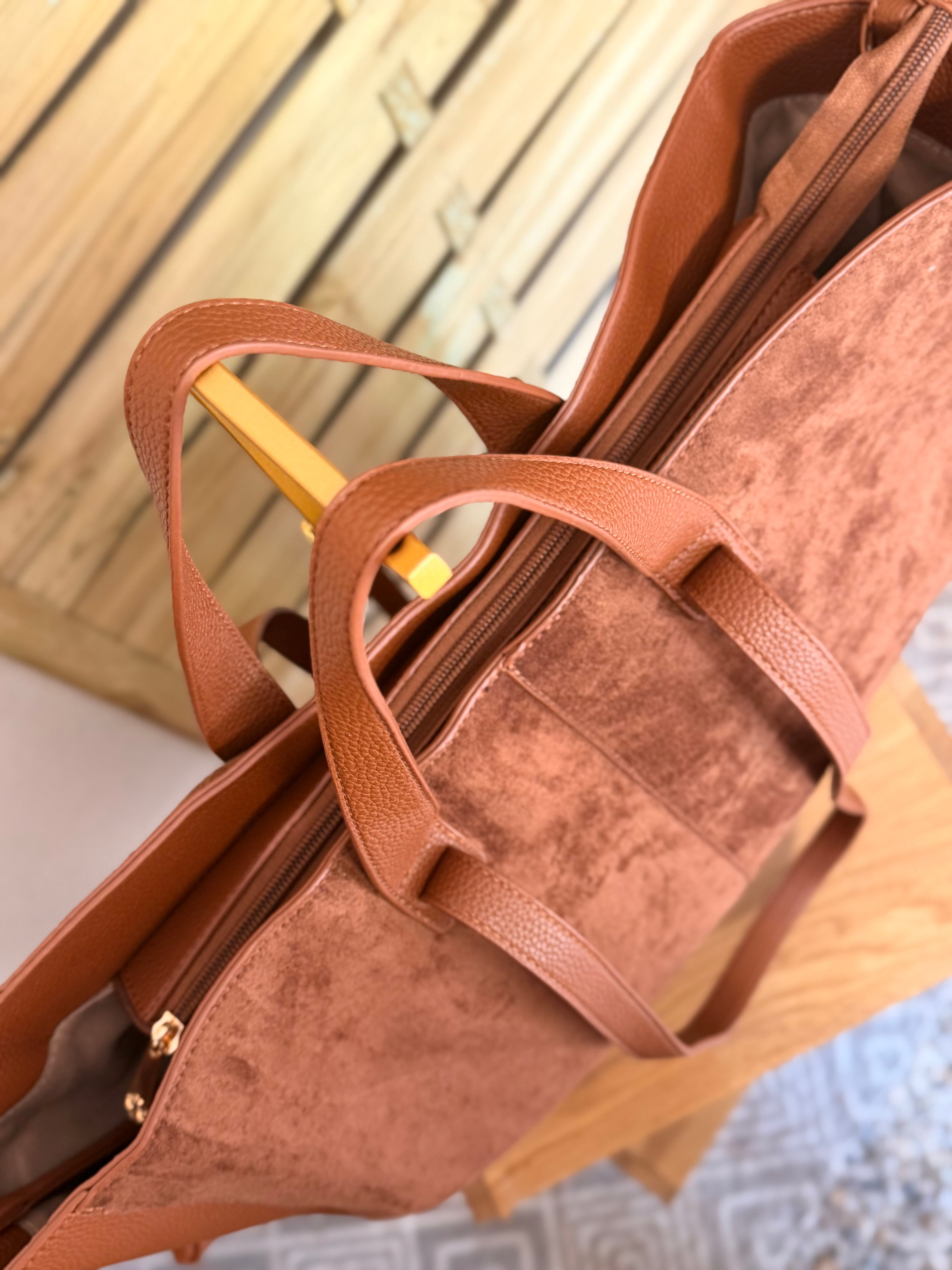 Grand Sac cabas 2 en 1 en simili daim - LAURÈNE Camel