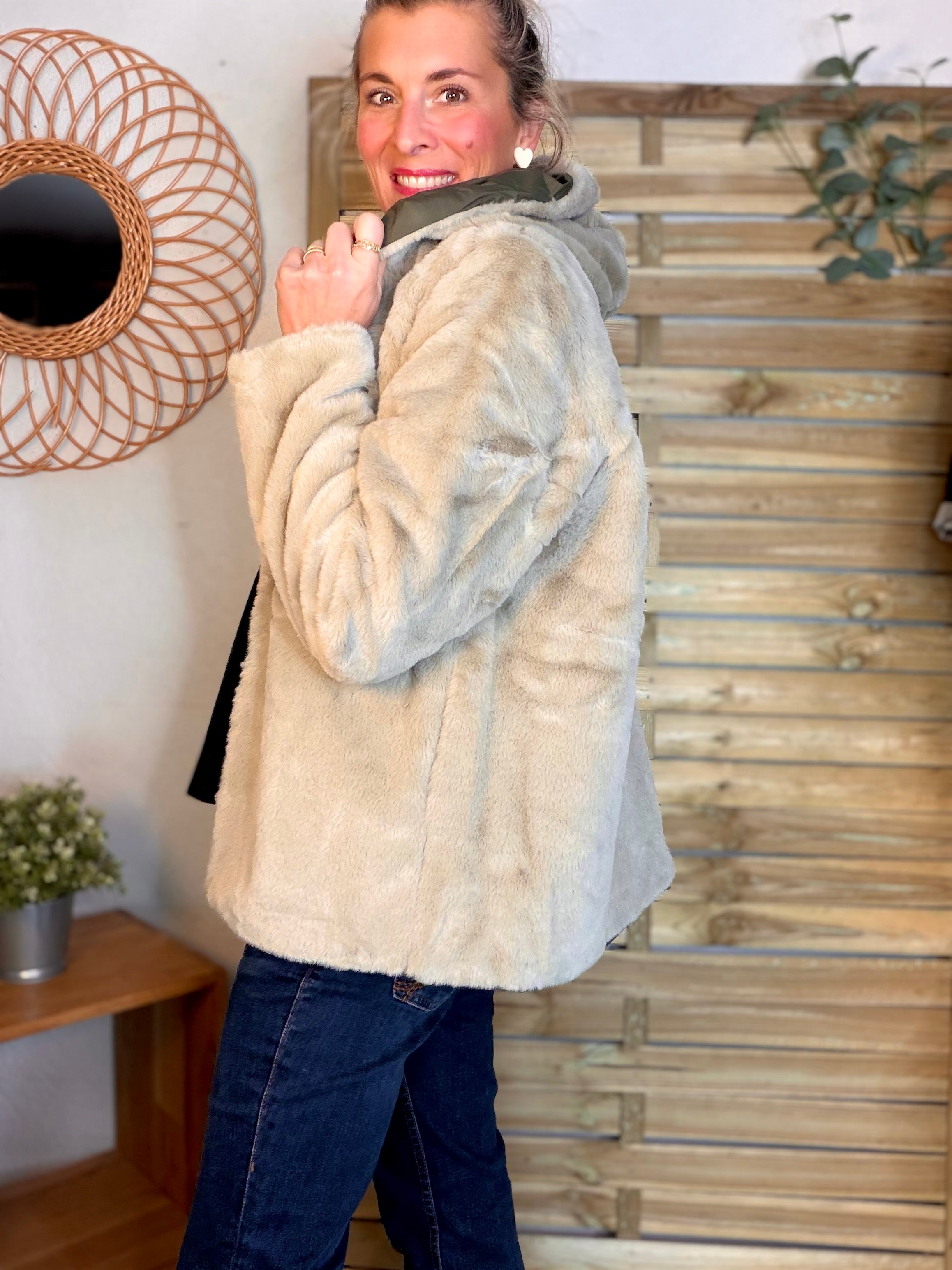 Parka Imperméable réversible fourrée Kaki / Beige ALIX Court - LAURA JO