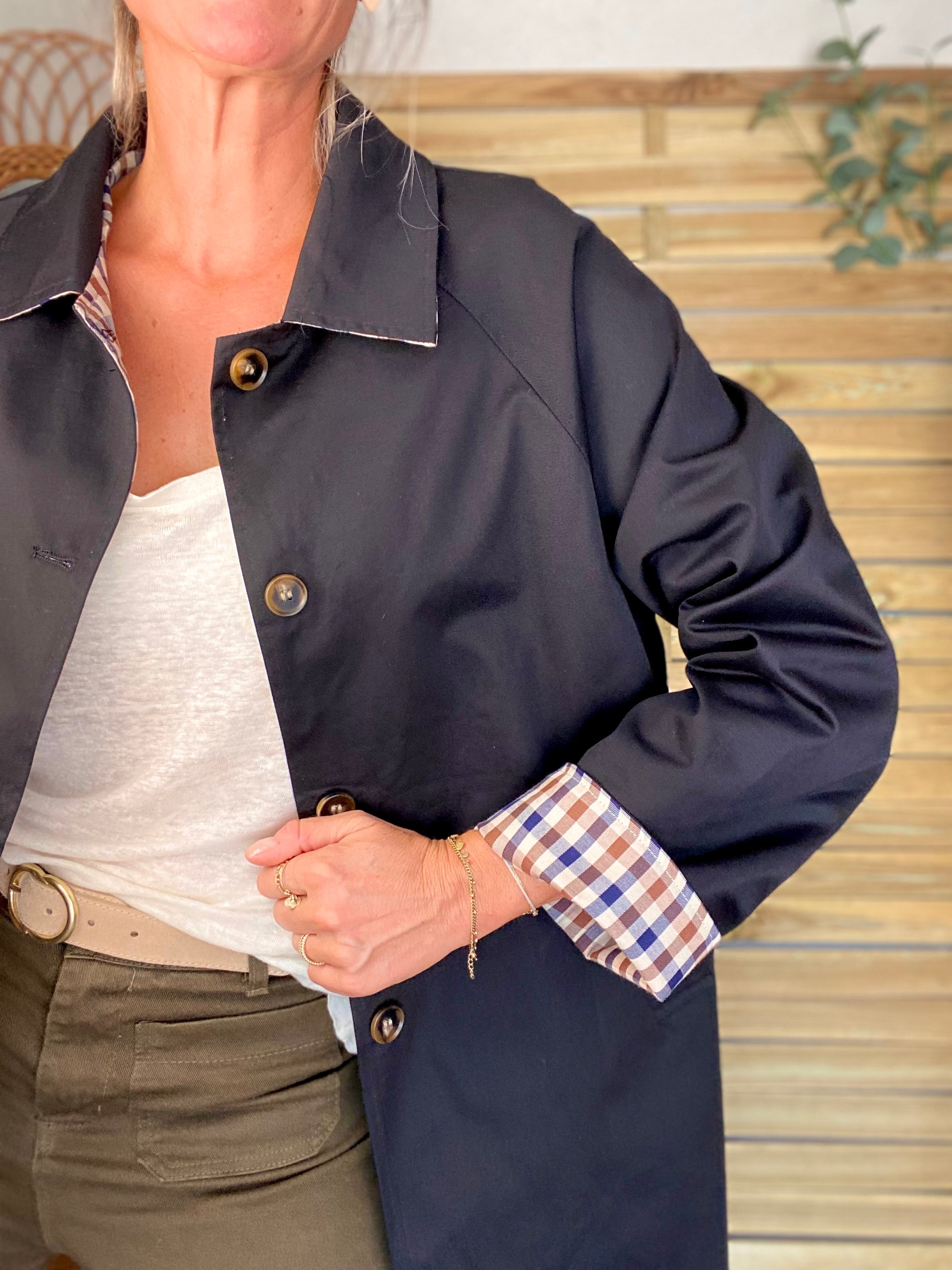 Veste Trench mi long réversible vichy LENA - Noir
