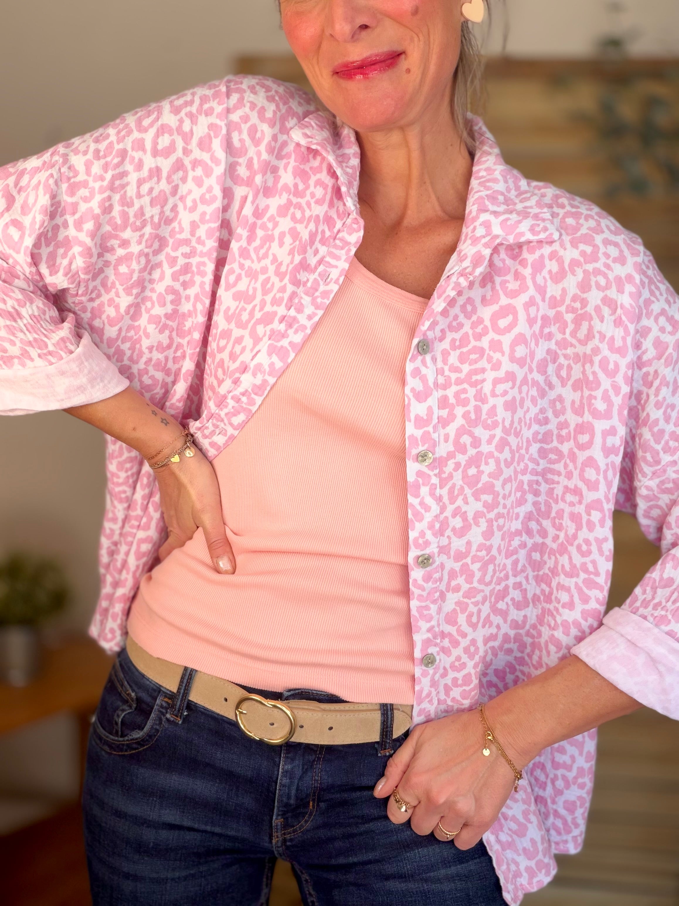 Chemise en gaze de coton imprimé Léo MARCIA - Rose