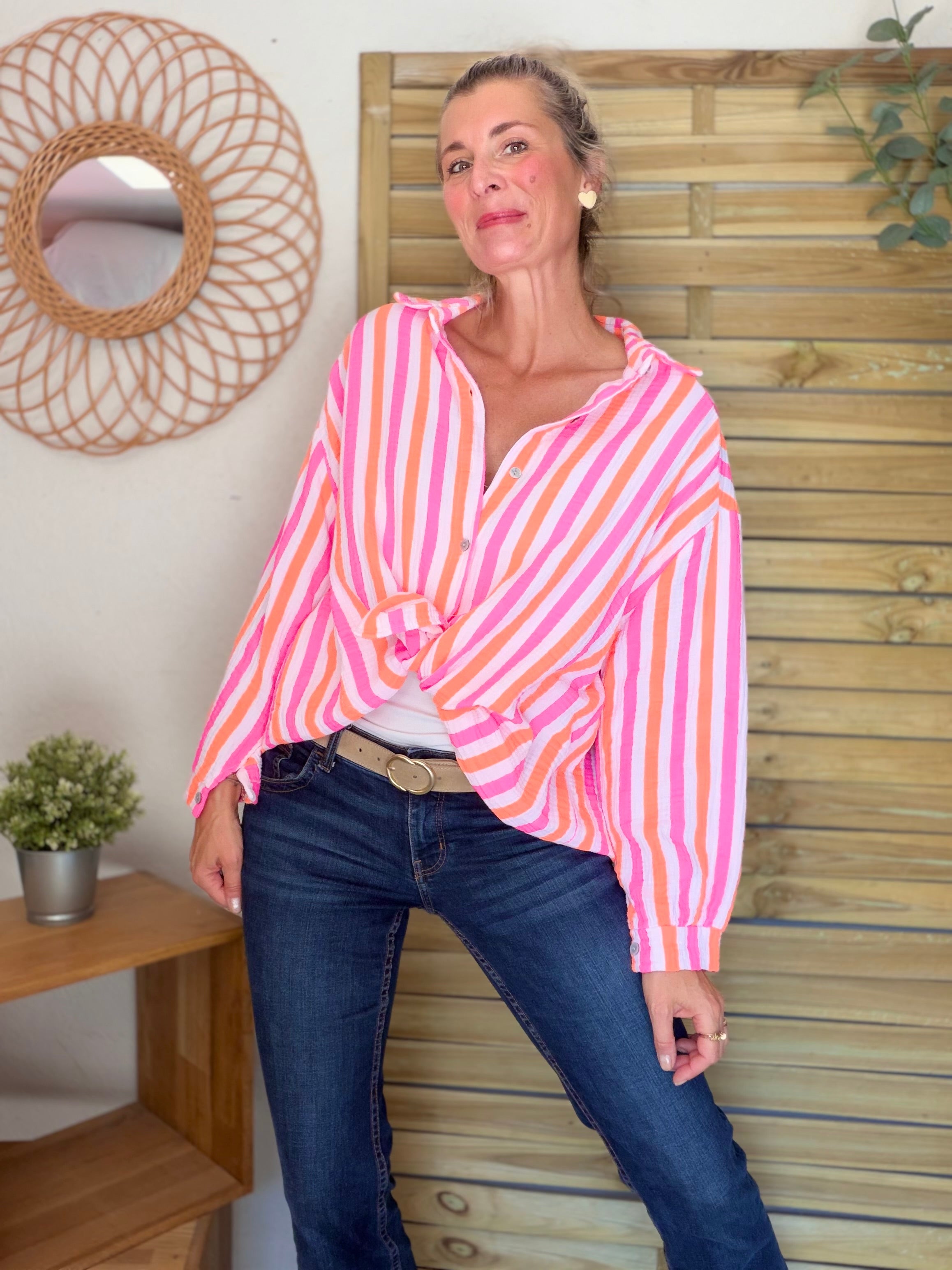 Chemise en gaze de coton rayée FÉLICIE Fluo Blanc