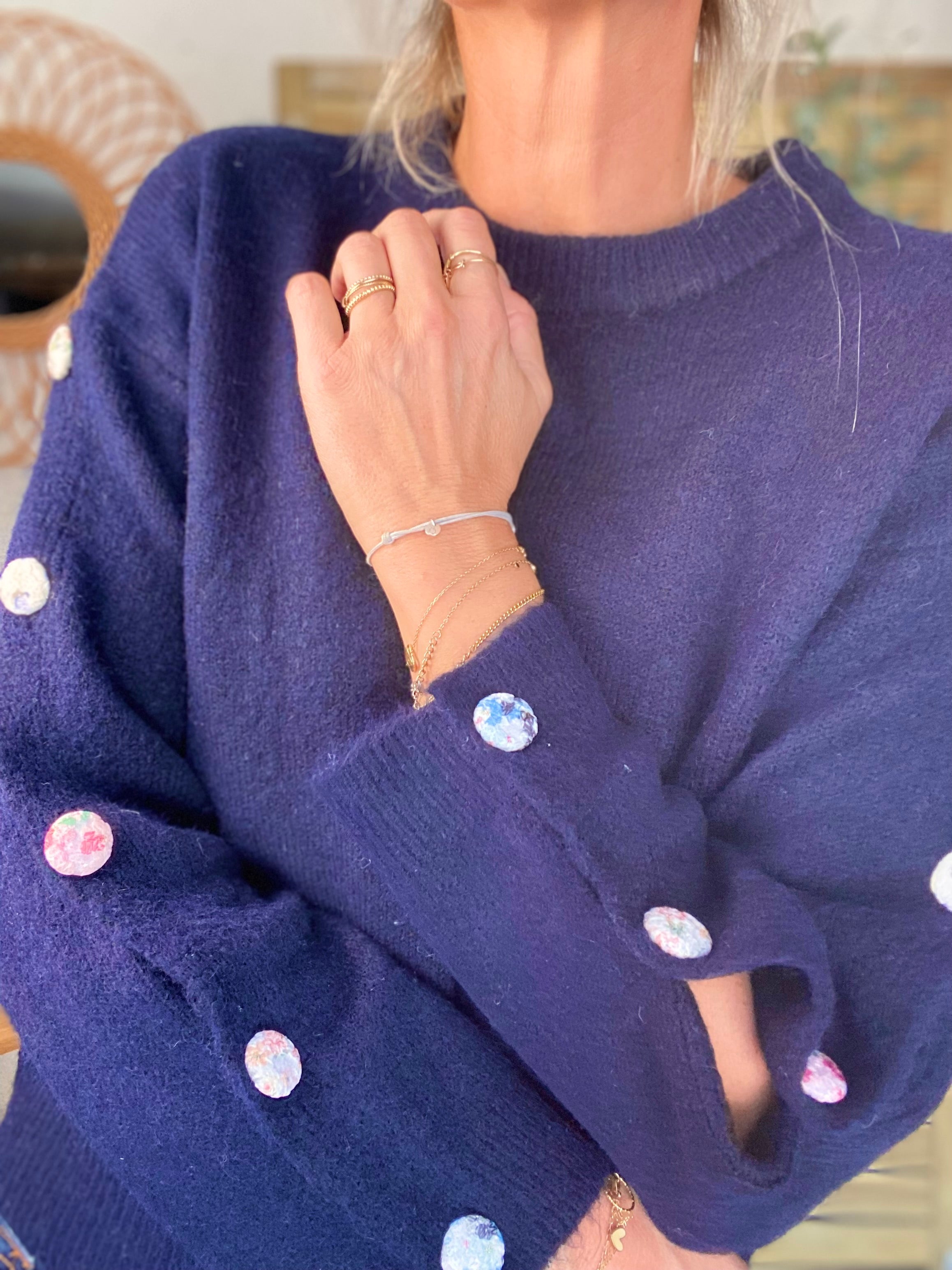 ⚡️ PÉPITES FRIDAY - Pull boutons tissu fleuri - Bleu marine - HAZEL