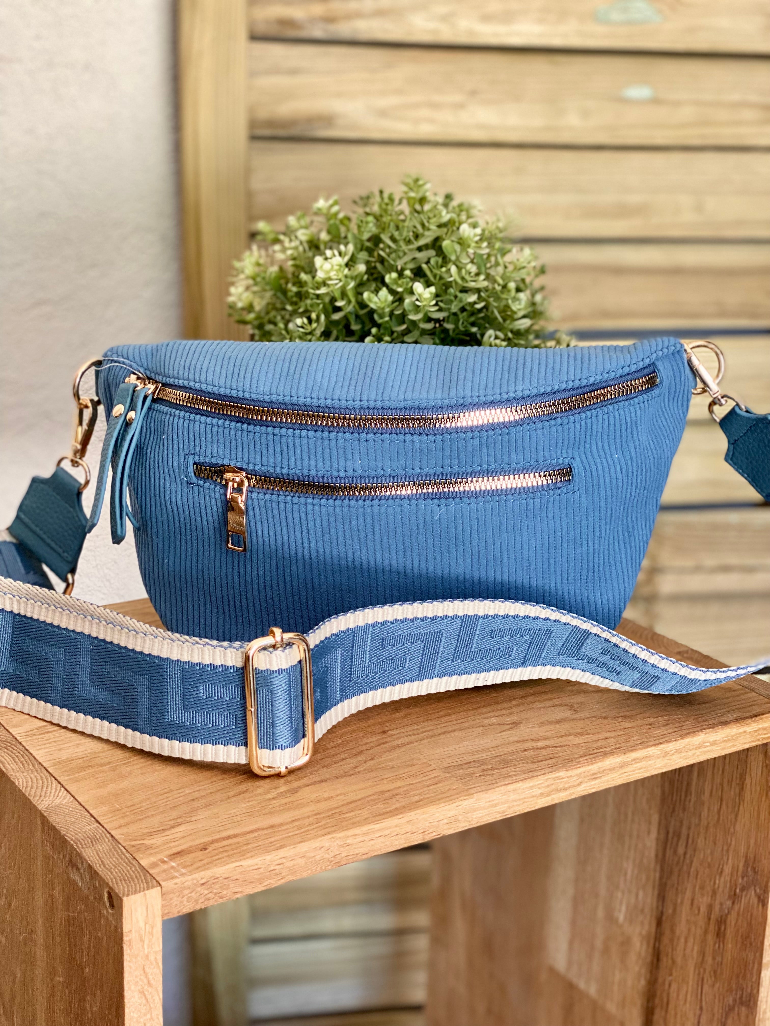 Sac banane L en velours côtelé 2 zips et sangle fantaisie - ASHLY - Bleu jean