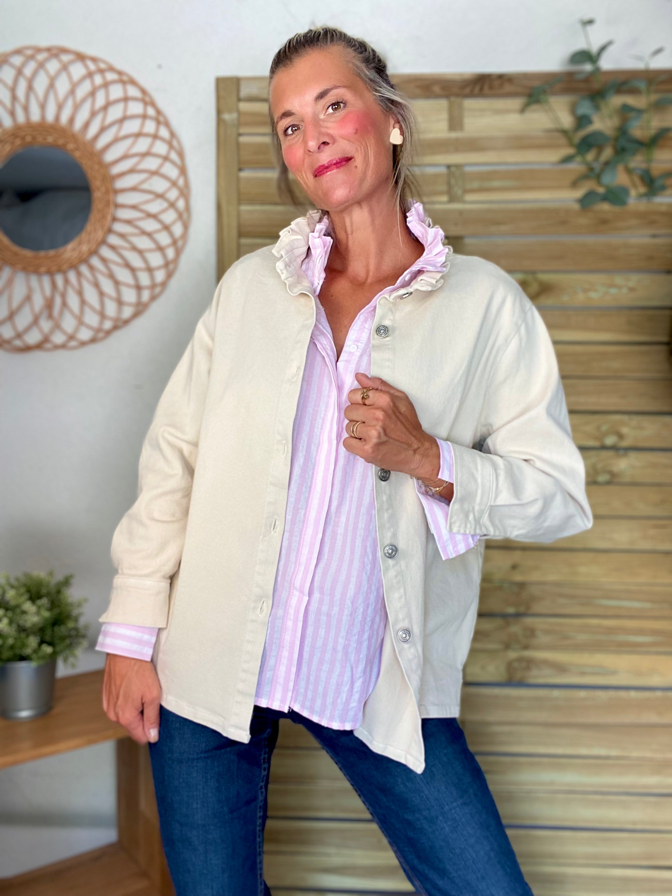 Chemise à rayures roses, col victorien volanté CHARLOTTE