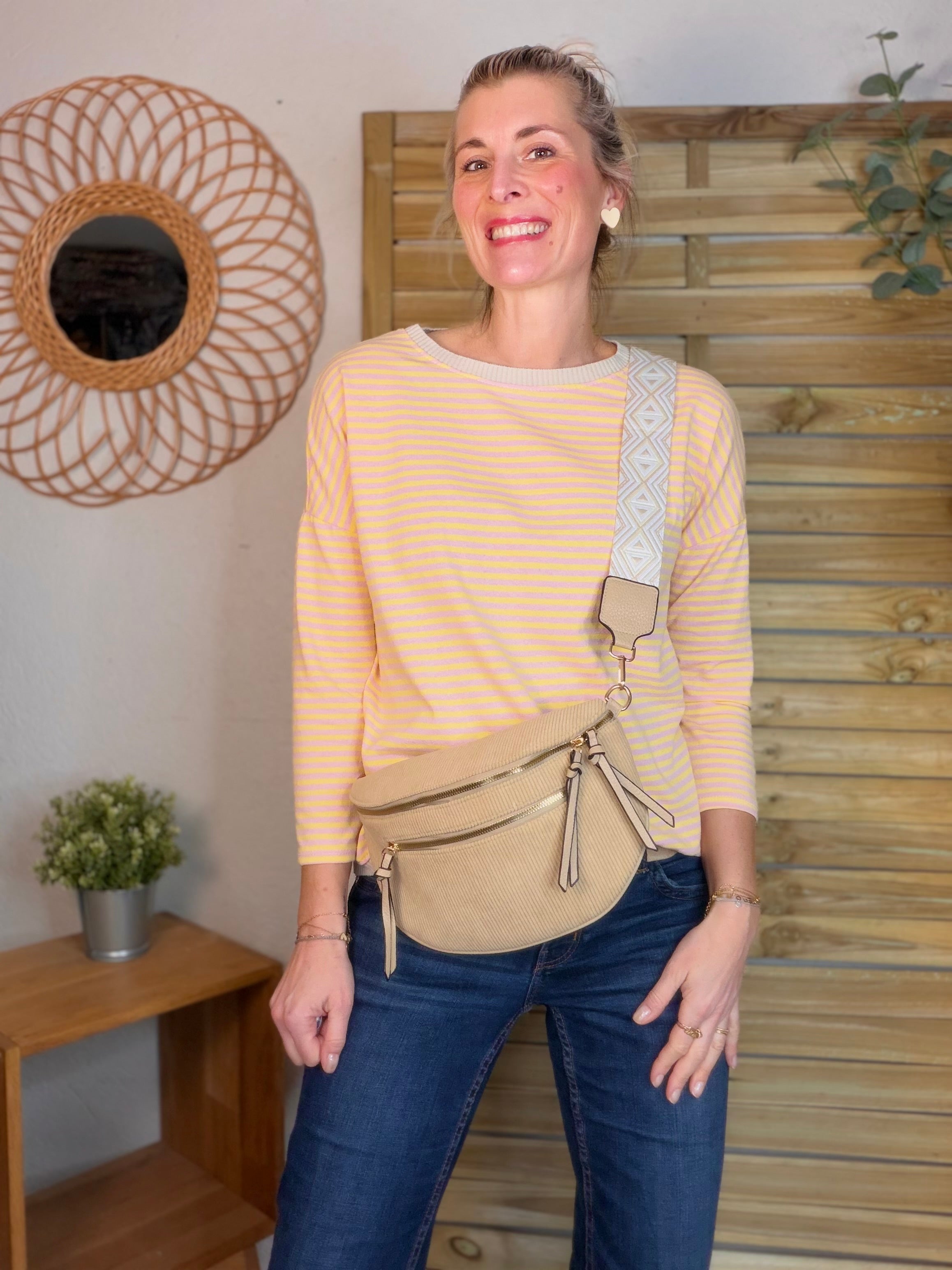 Sac banane en velours côtelé, sangle fantaisie - KATY - Camel clair