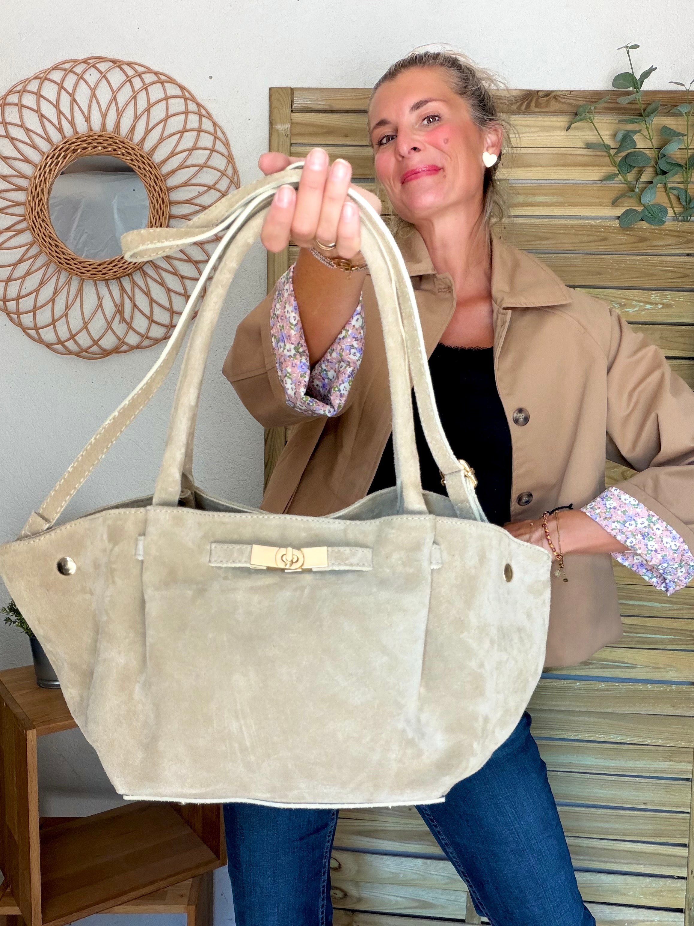 Sac cabas en cuir daim HANA - Beige