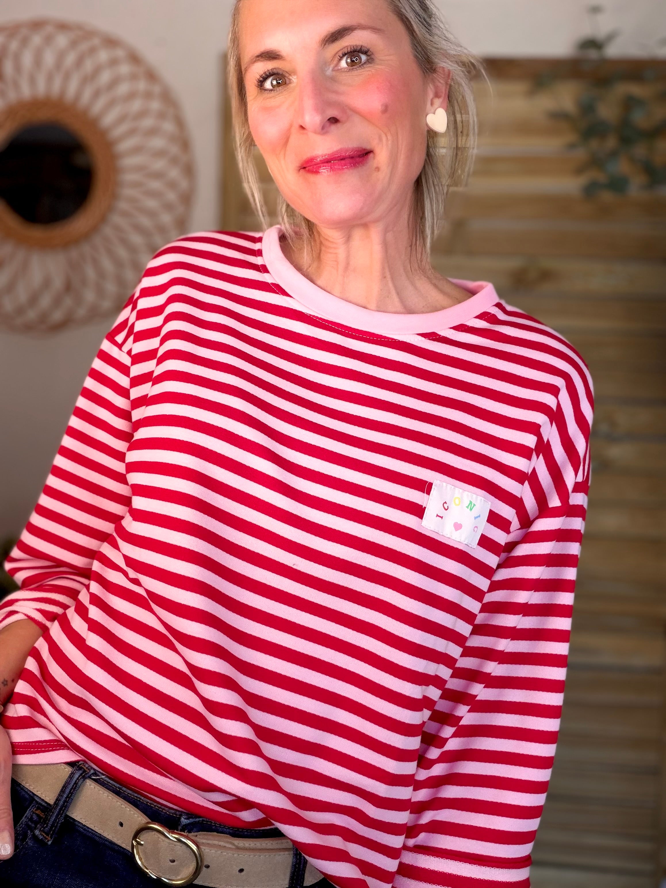 Sweat fin rayé ample Iconic CORALIE - Rouge / Rose