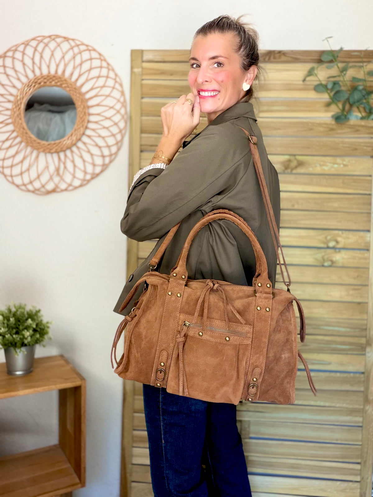 Sac cabas XL en cuir daim • HUNTER Camel