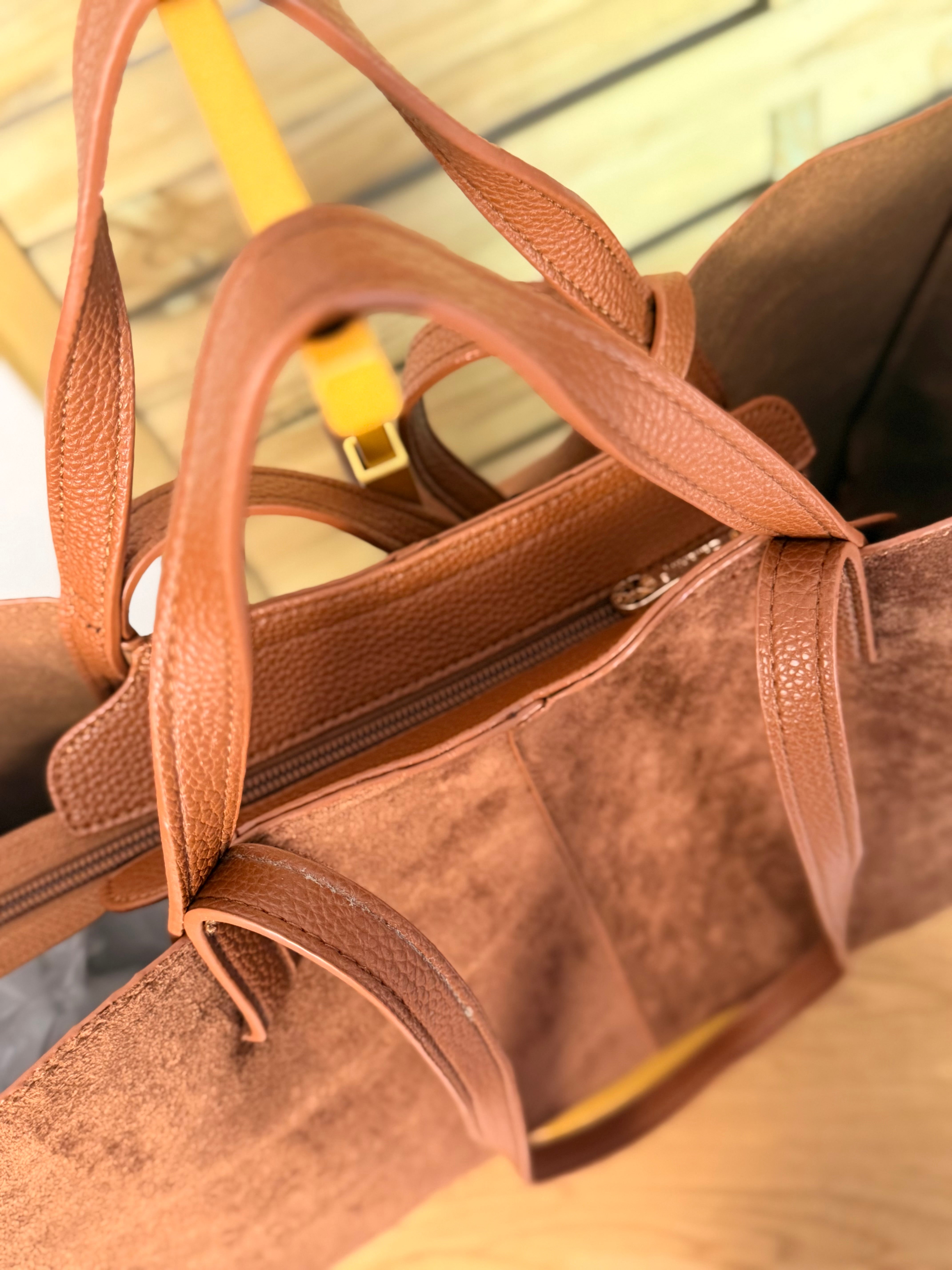 Grand Sac cabas 2 en 1 en simili daim - PAULE Camel