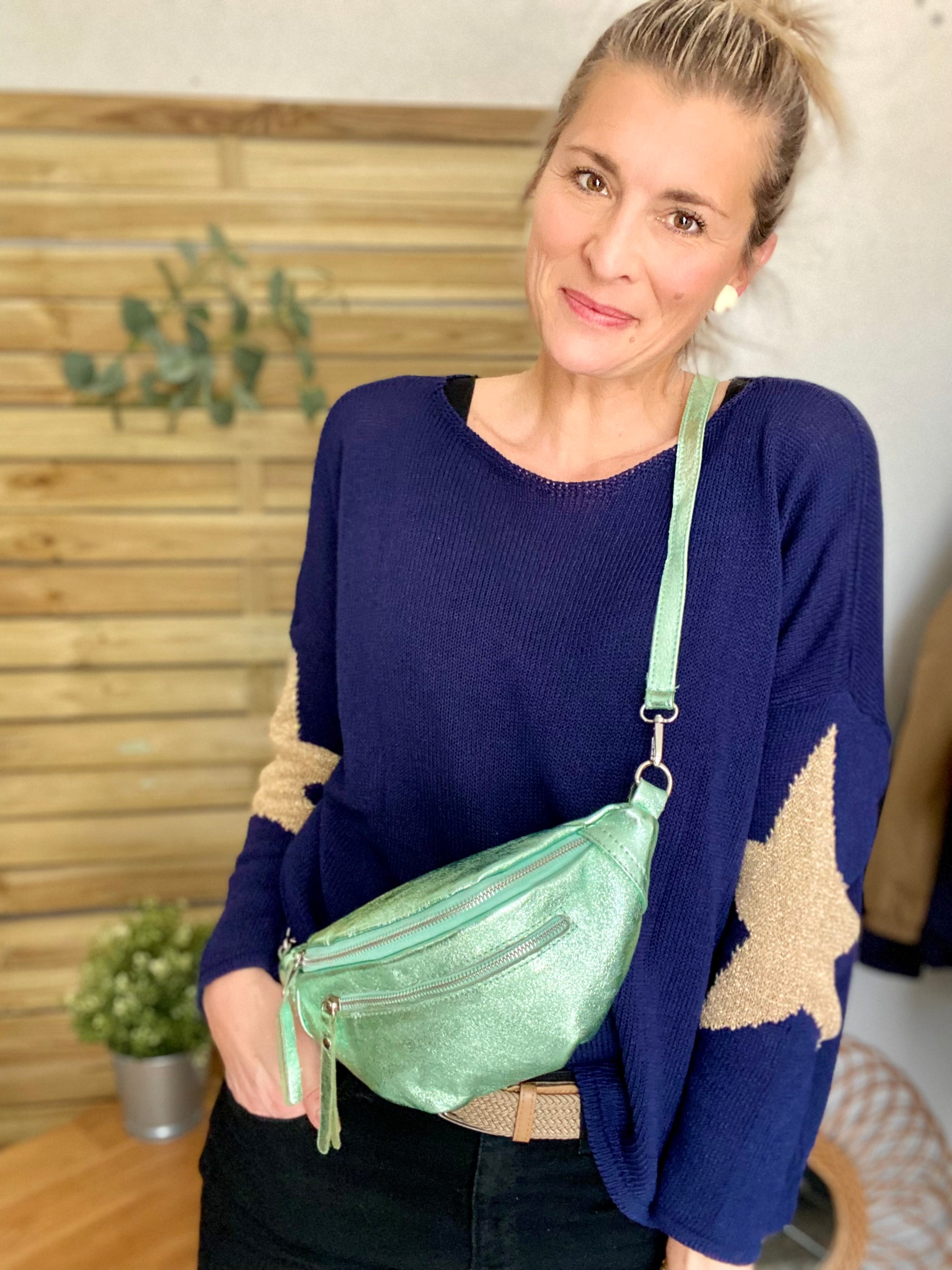 Sac banane en cuir irisé double poche - OPALE  - Vert d’eau