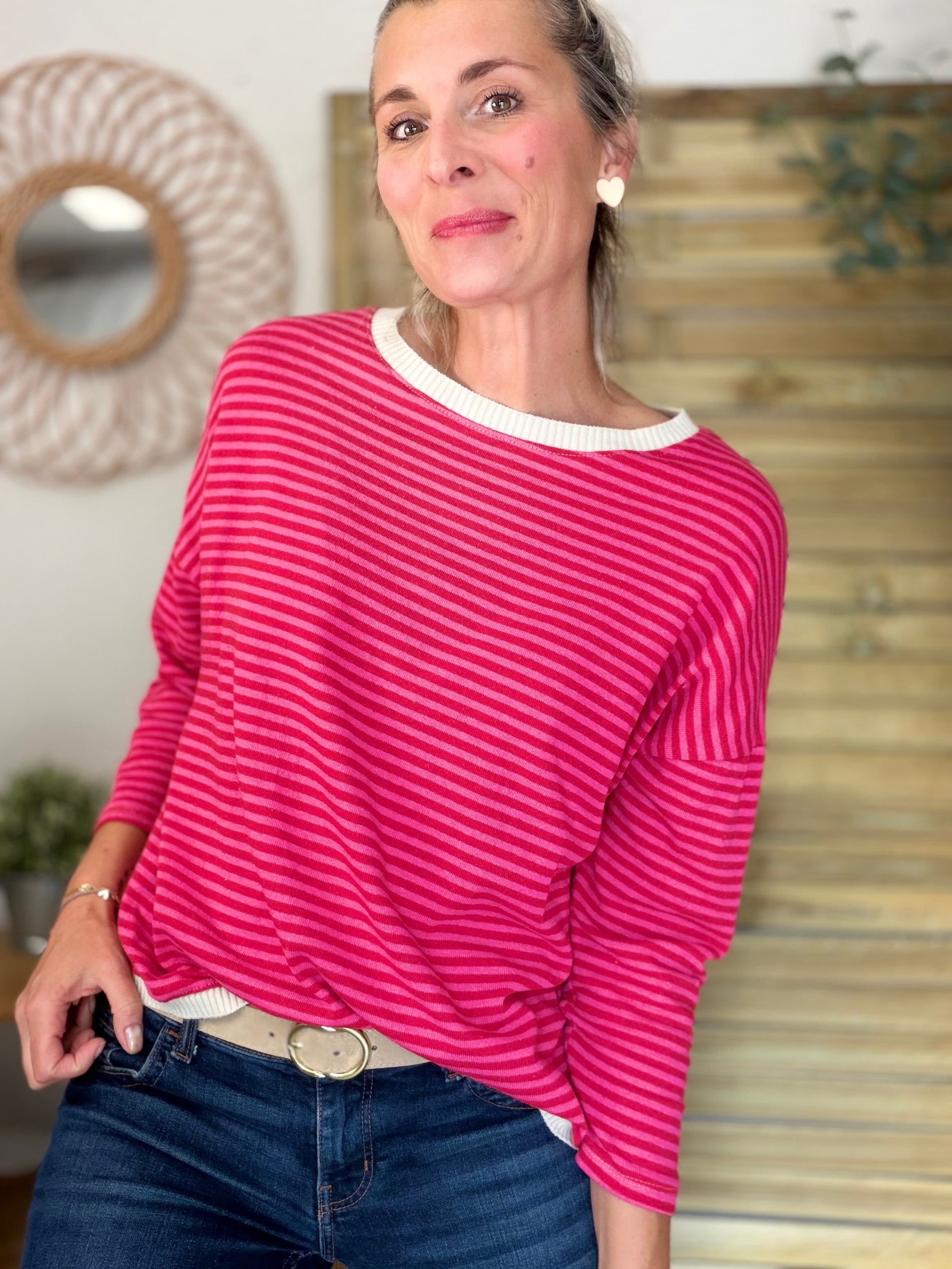 Pull fin rayé ample ROMANE - Rose/Fuschia