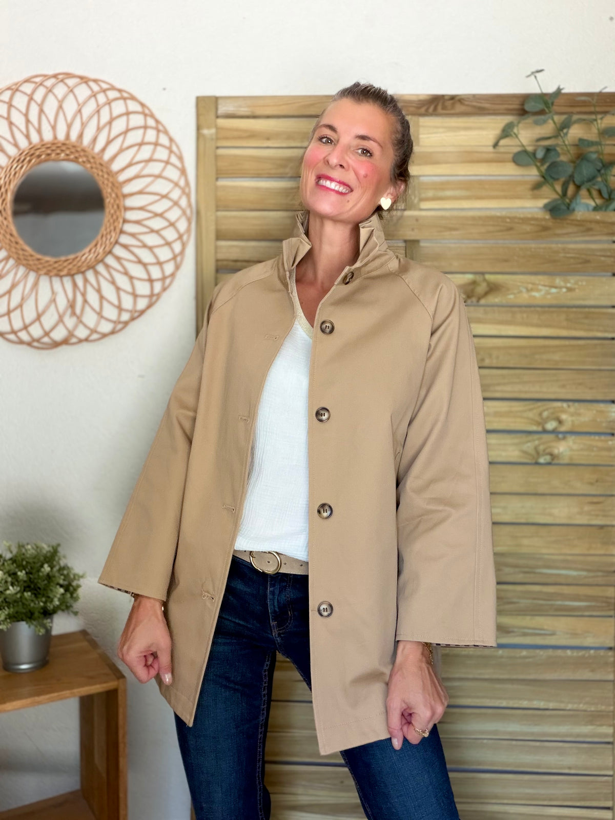 Veste Trench mi-long col victorien avec carreaux - ANDY Beige taupe