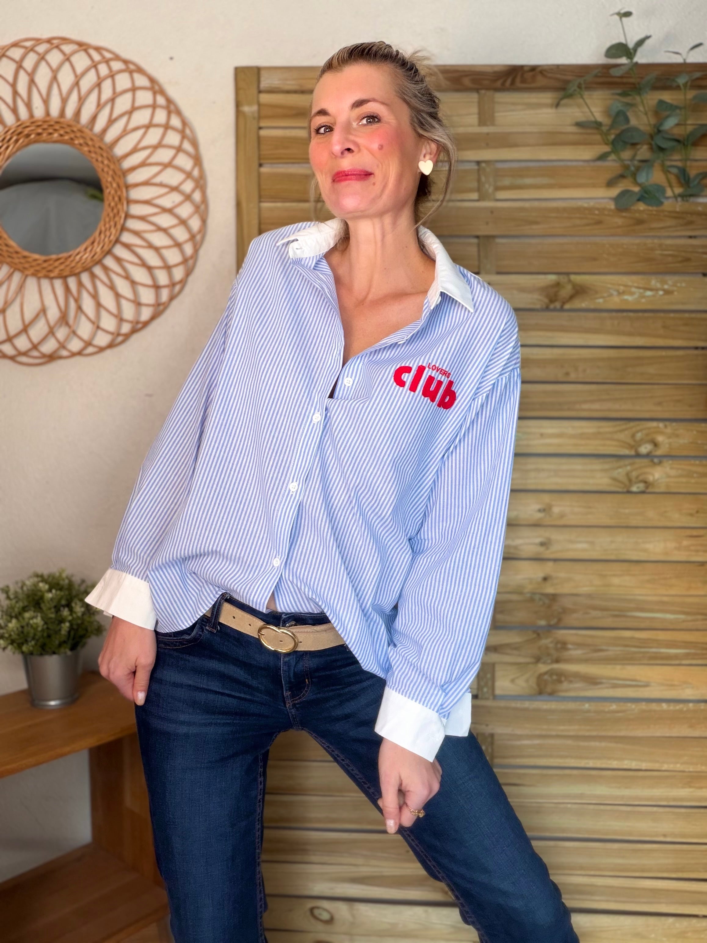 Chemise bleue rayée brodée CAFÉ LOVERS CLUB - ALIZÉE