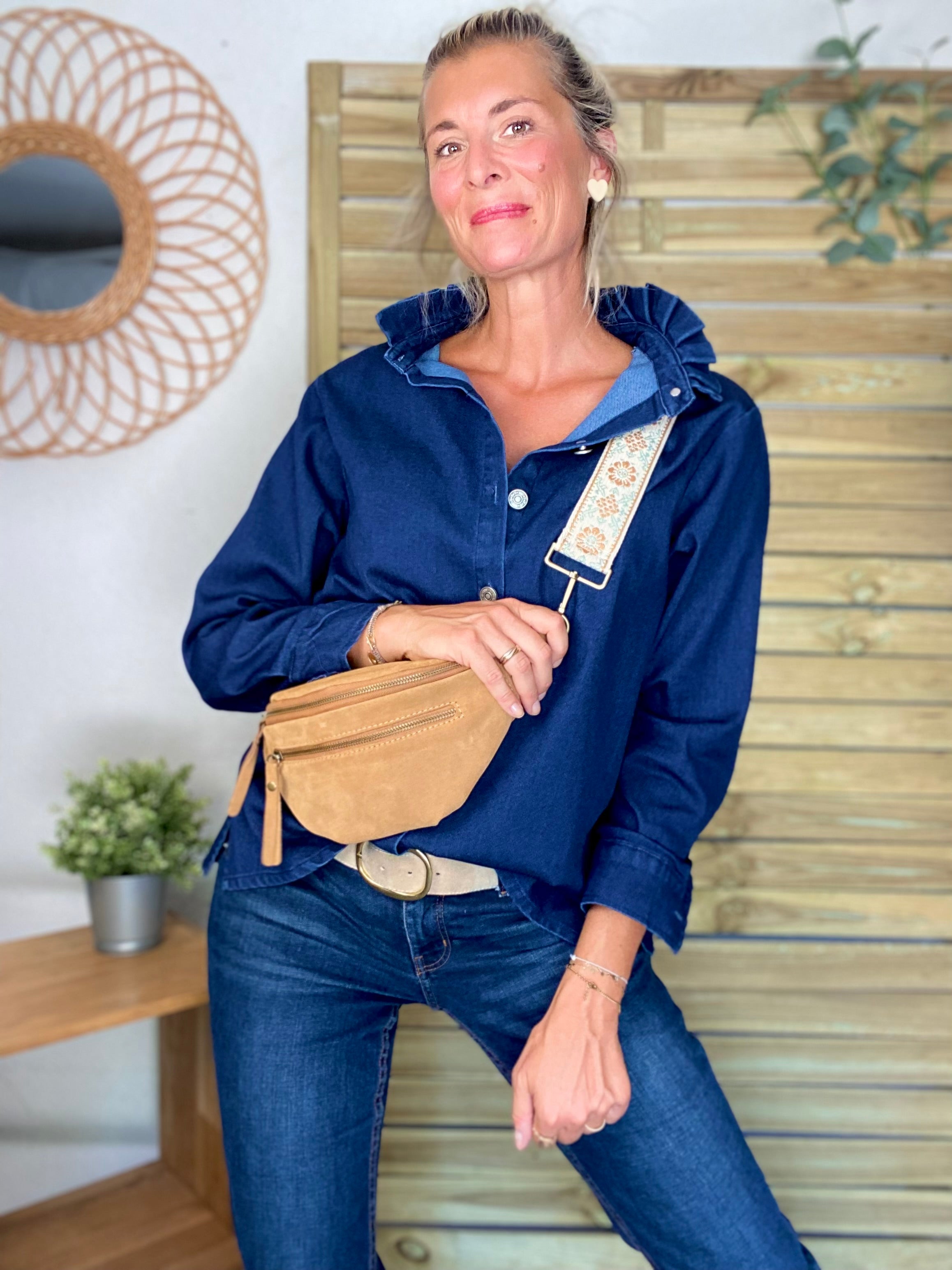 Veste / Chemise en coton, col volanté Bleu Jean LISON