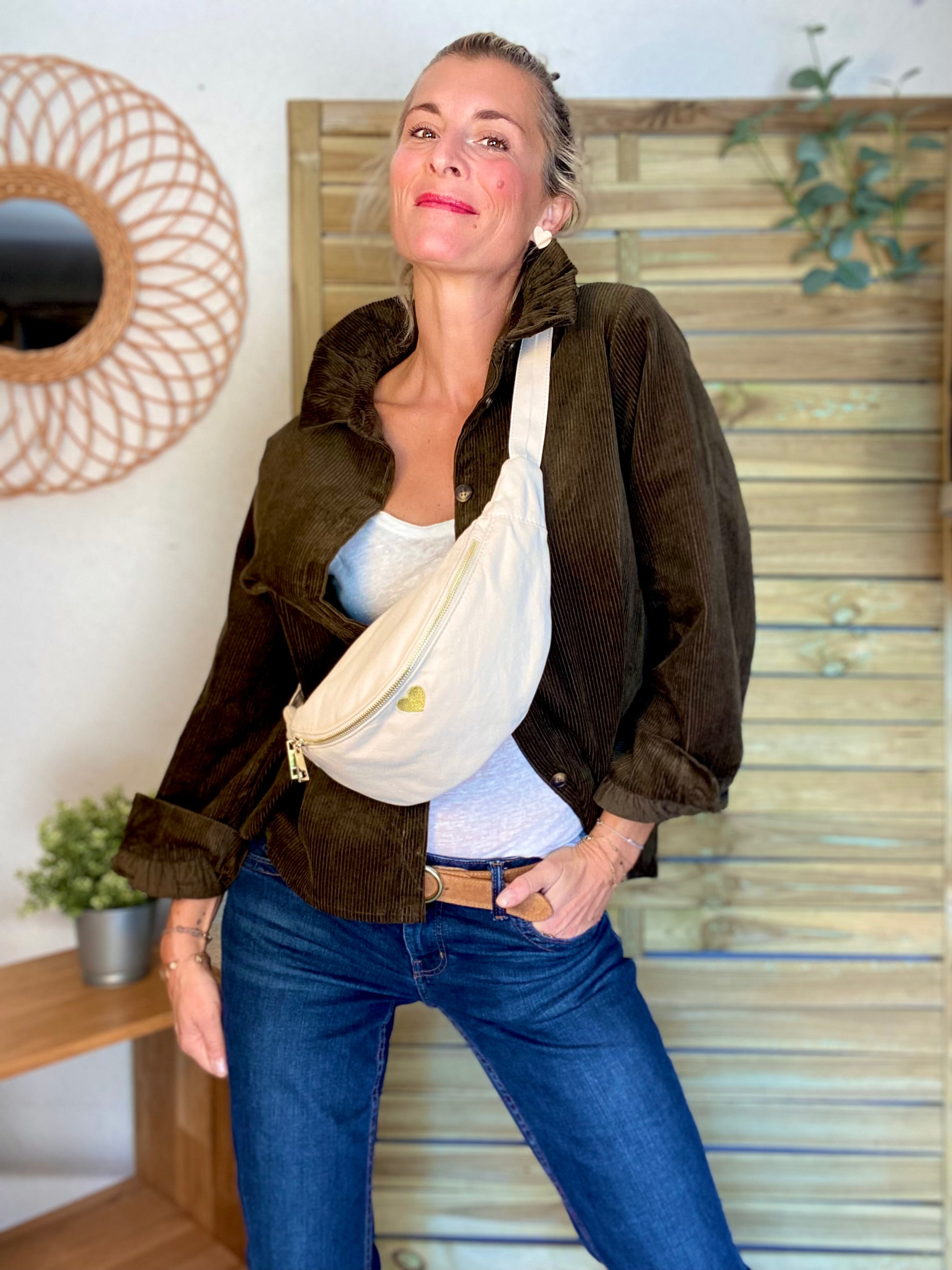 Veste / Chemise en coton, col victorien volanté YVONNE - Velours Kaki