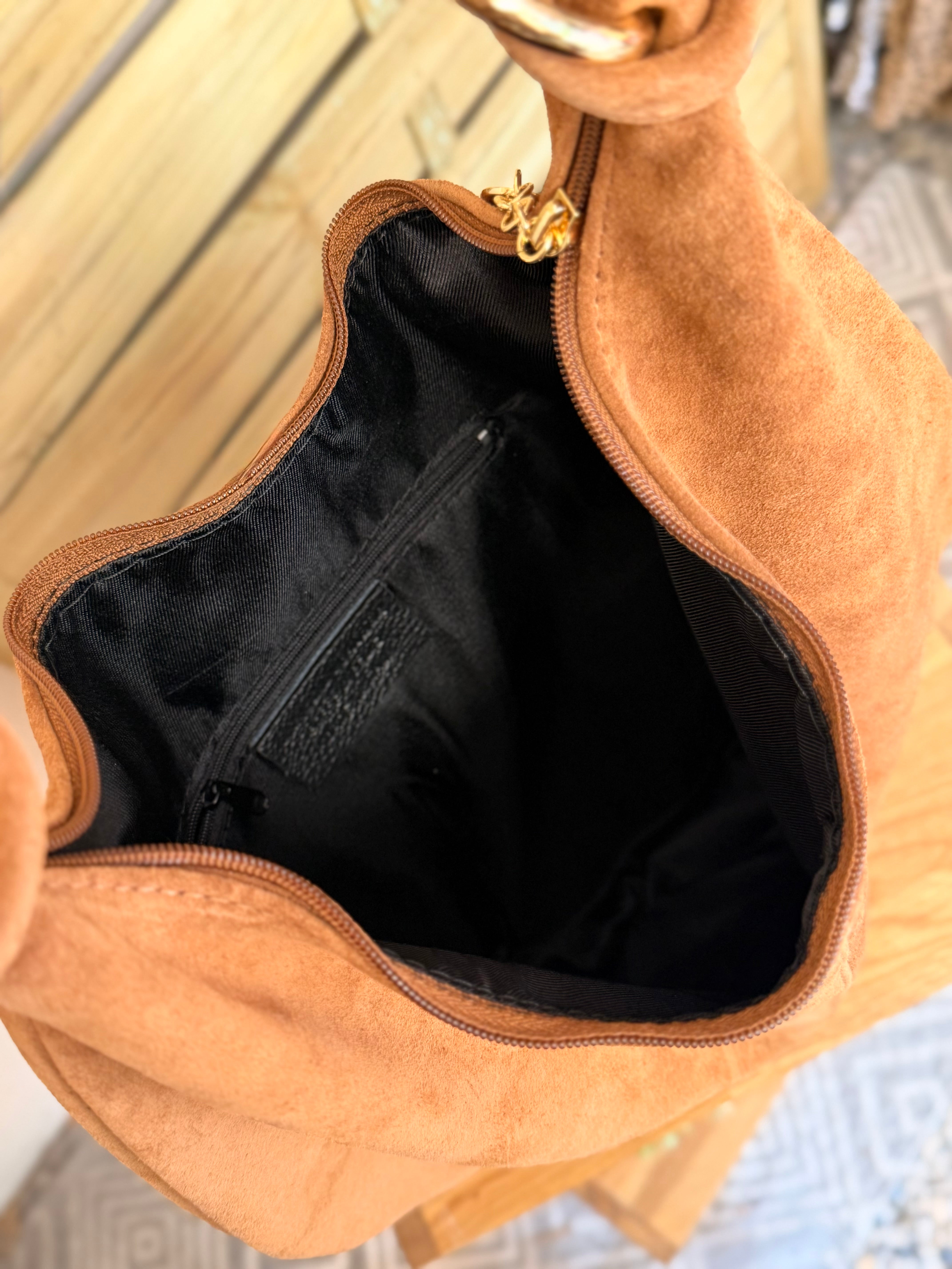 Sac besace hobo en cuir daim souple avec anneaux WILLIAM - Camel