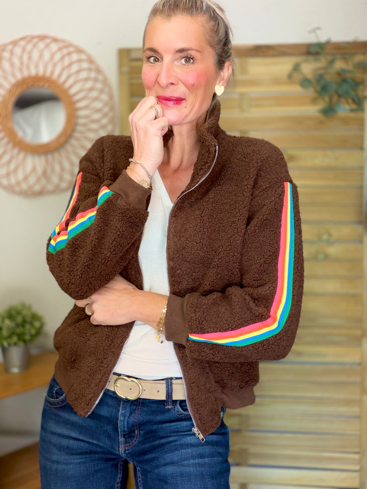 Veste Sherpa zippée bandes Arc-en-ciel CORALIE Chocolat 🌈