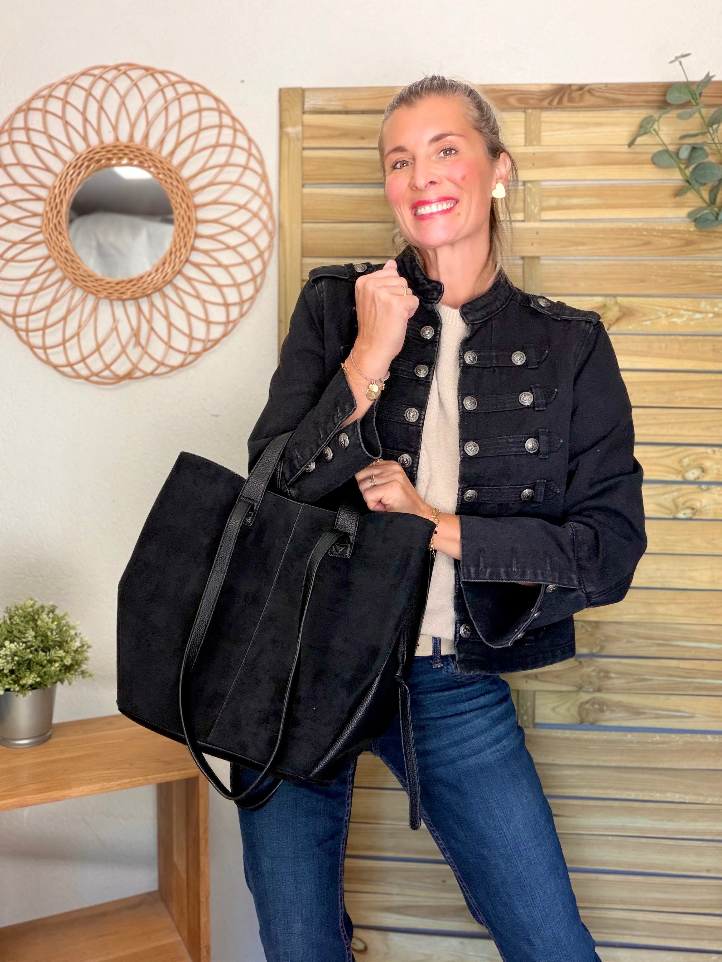 Grand Sac cabas 2 en 1 en simili daim - LAURÈNE Noir