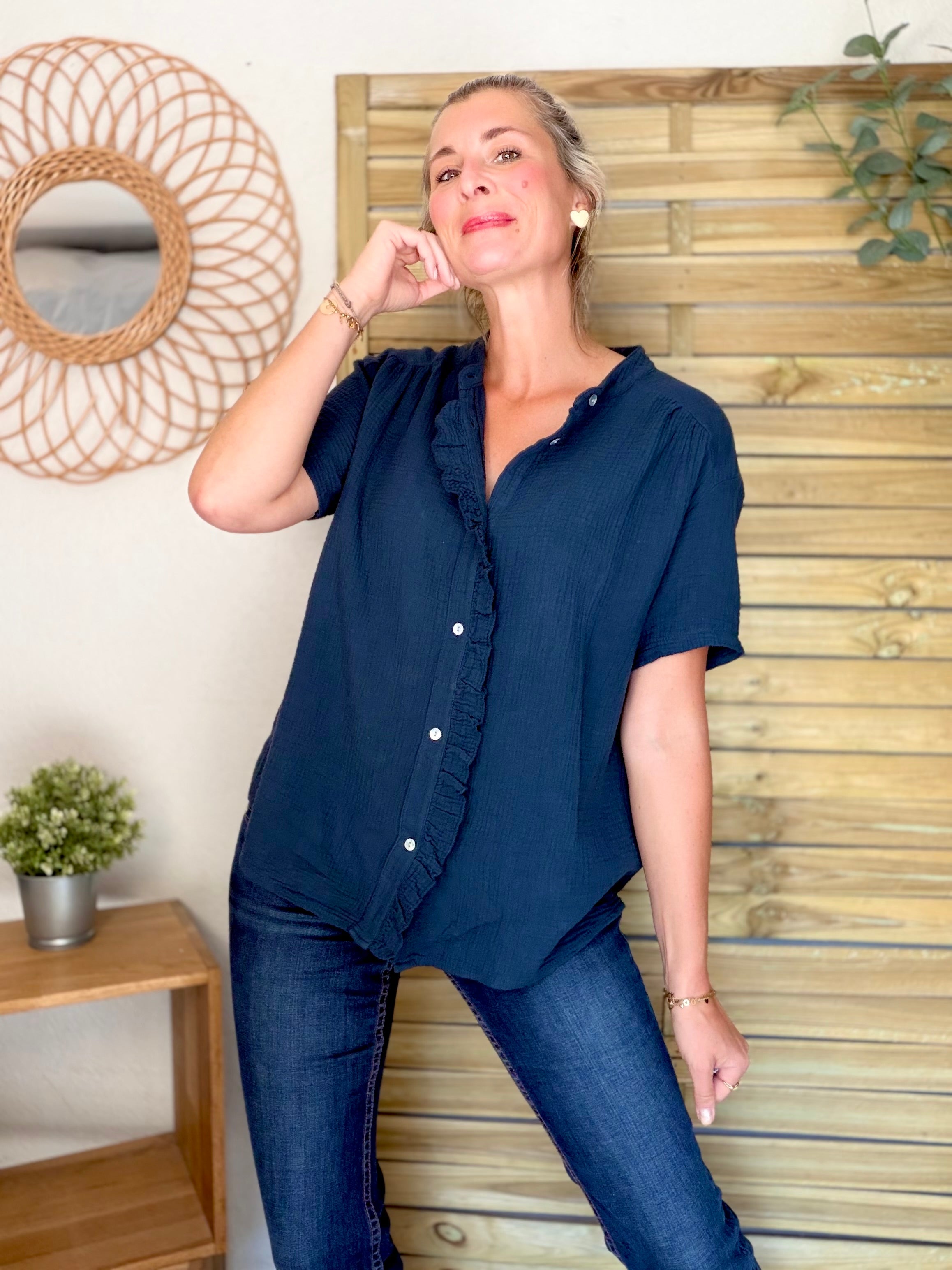 Blouse en gaze de coton ANAËLLE Bleu marine