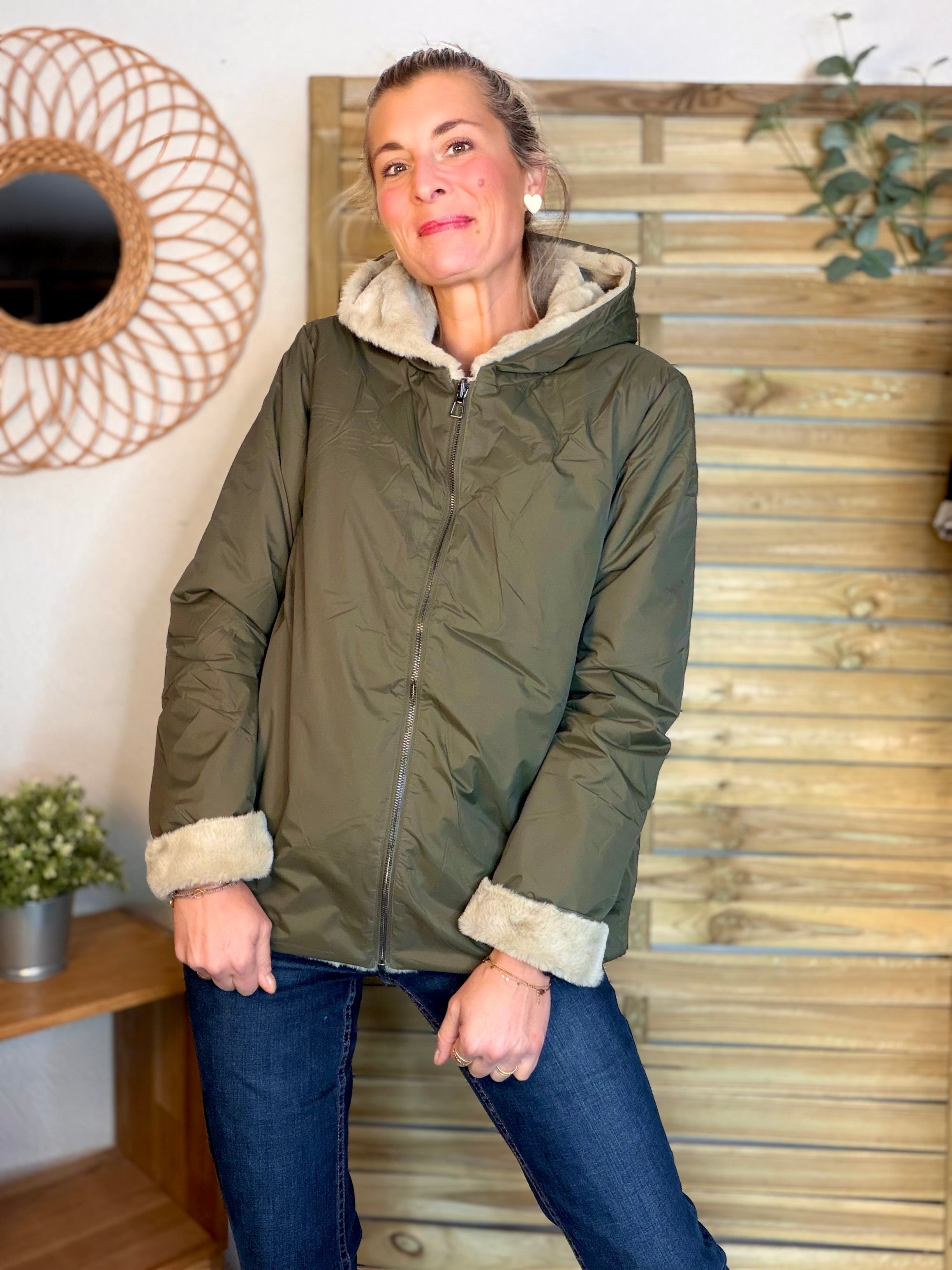 Parka Imperméable réversible fourrée Kaki / Beige ALIX Court - LAURA JO
