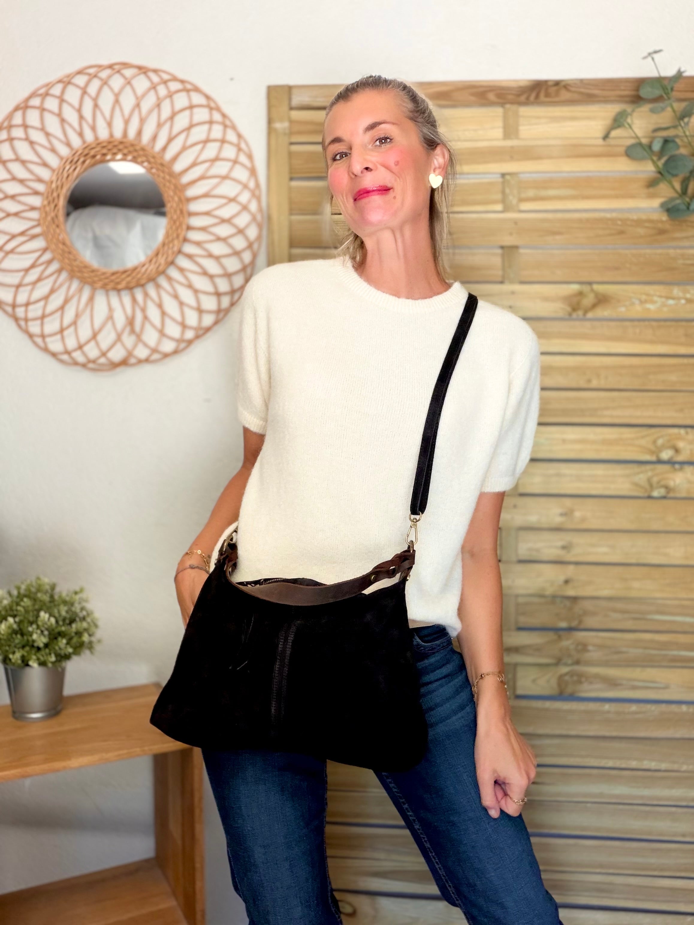 Sac hobo en cuir daim souple, double bandoulière ANDREW Noir