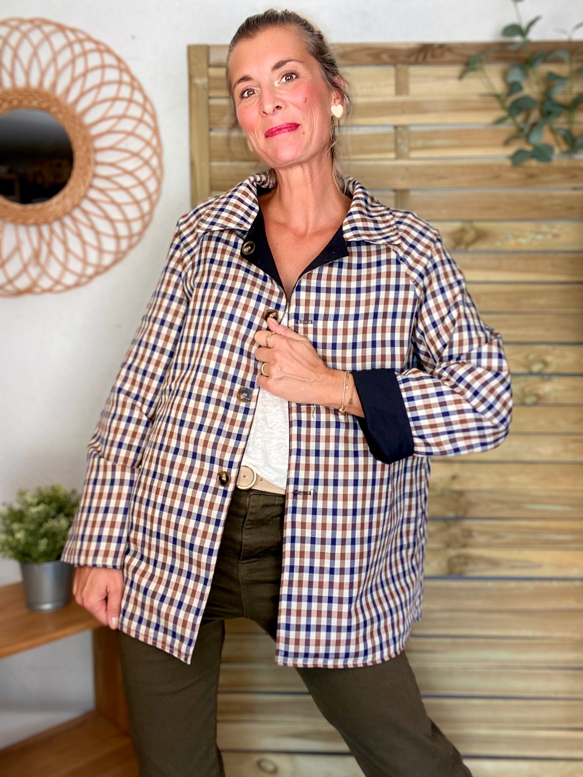 Veste Trench mi long réversible vichy LENA - Noir