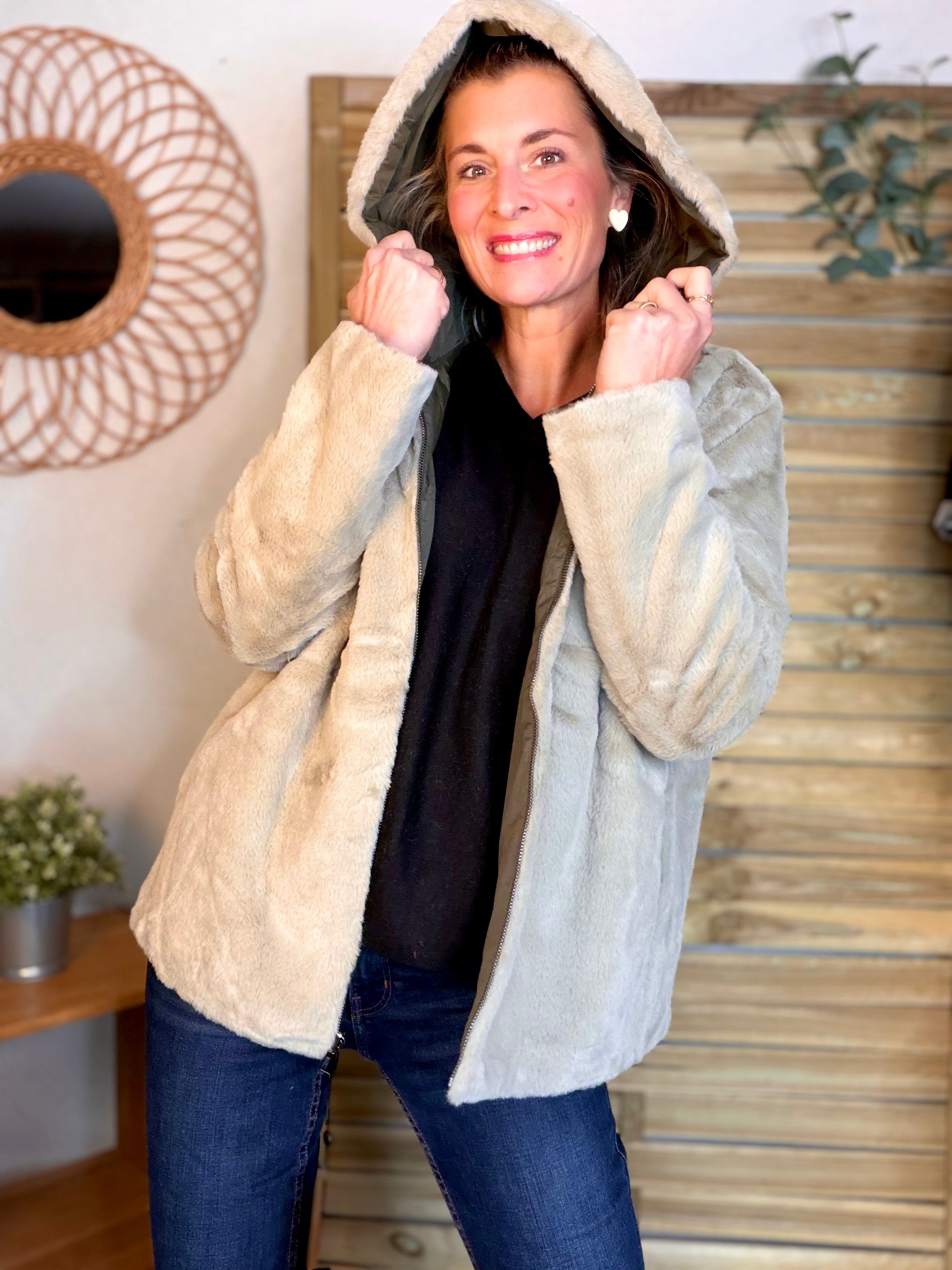 Parka Imperméable réversible fourrée Kaki / Beige ALIX Court - LAURA JO