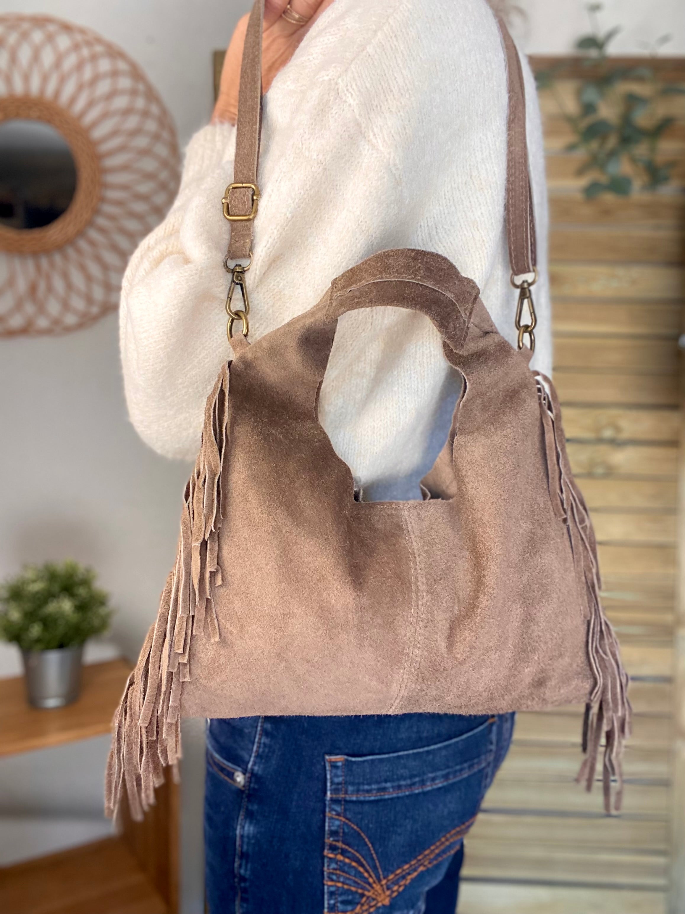 Sac en cuir daim avec franges AARON - Beige taupe
