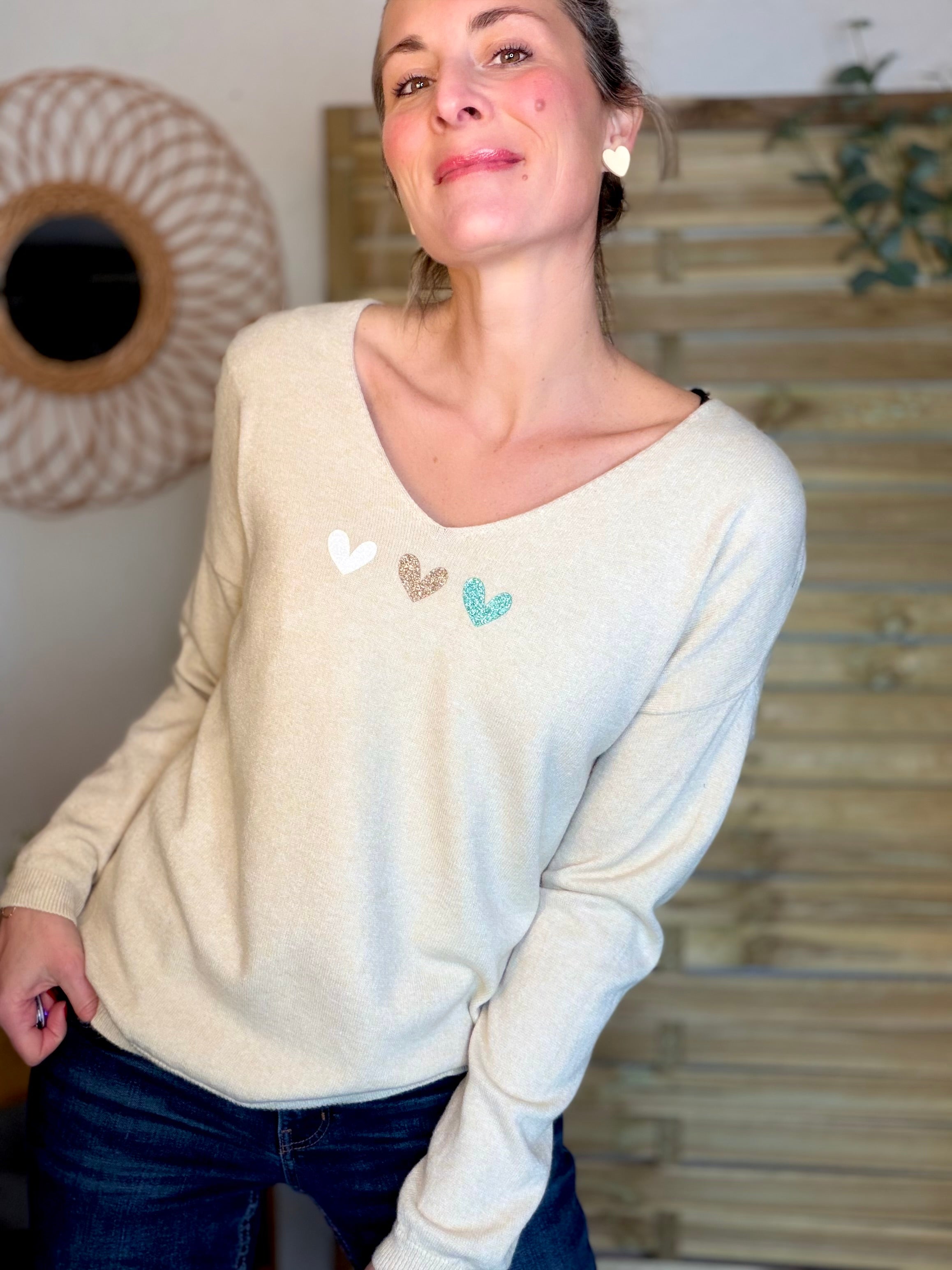 Pull fin 3 cœurs 💛 BERTILLE - Beige