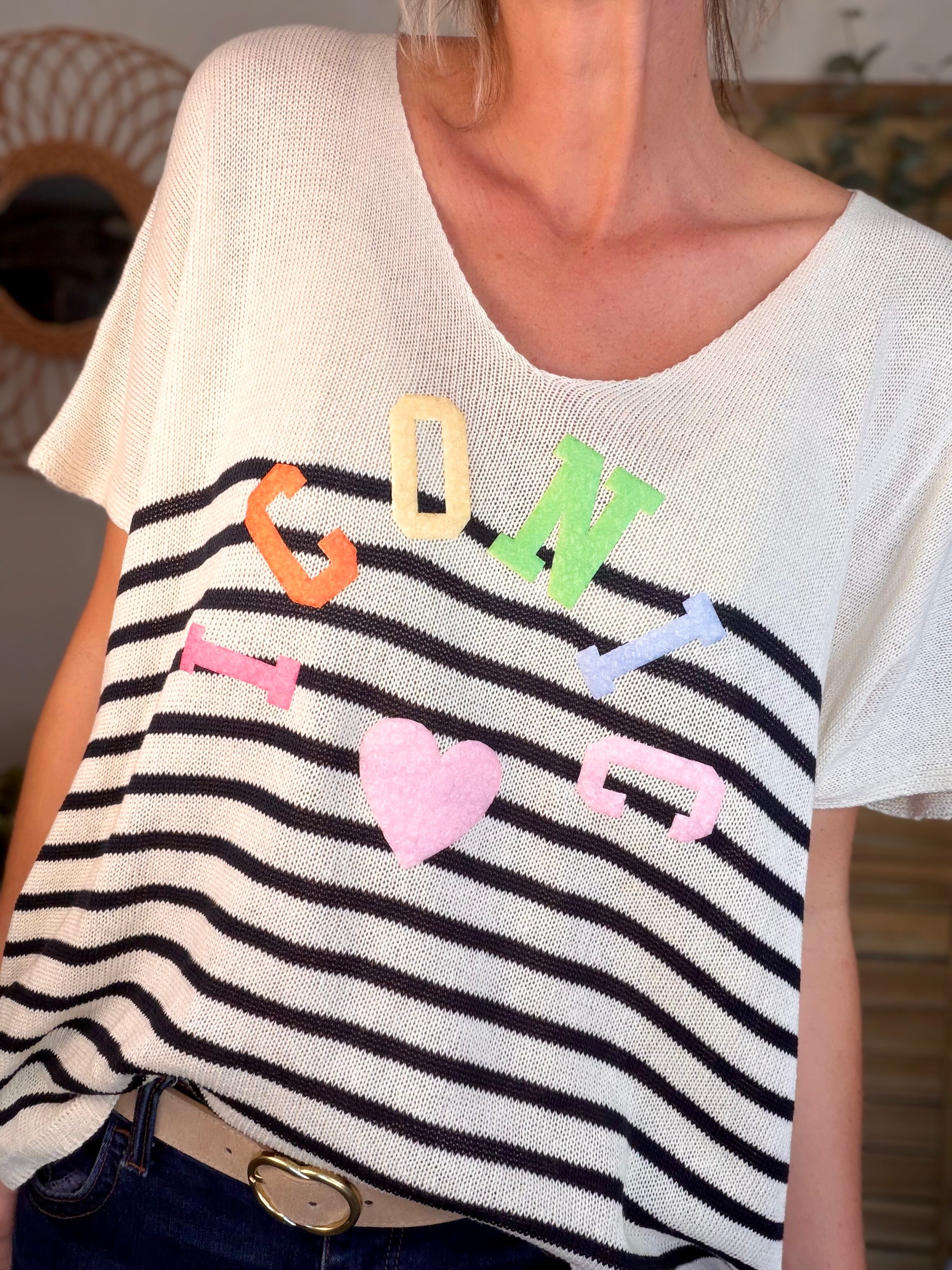 Top col V en maille rayé oversized ICONIC ANISSA Bleu marine