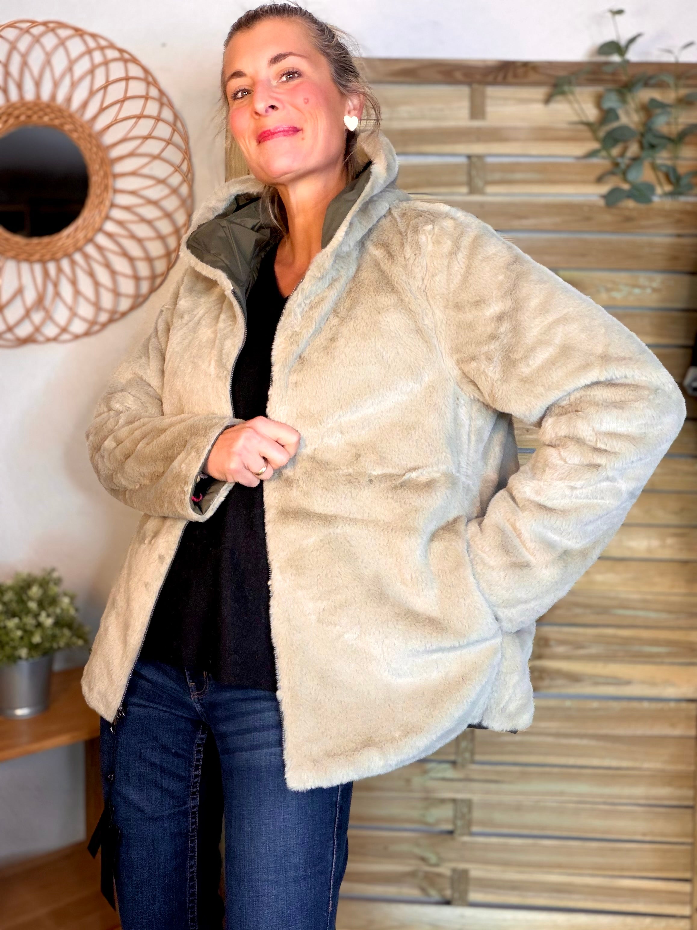 Parka Imperméable réversible fourrée Kaki / Beige ALIX Court - LAURA JO