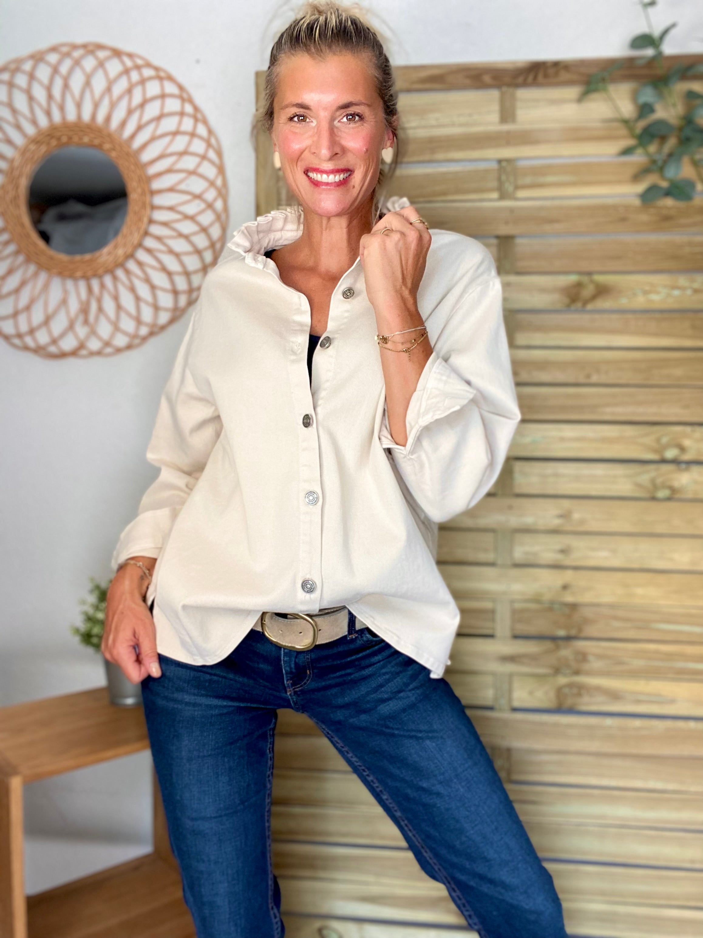 Veste / Chemise en coton, col volanté Beige clair LISON