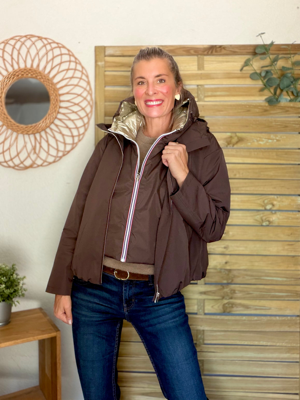 LAURA JO - Col capuche amovible réversible  DANY - Choco / Doré